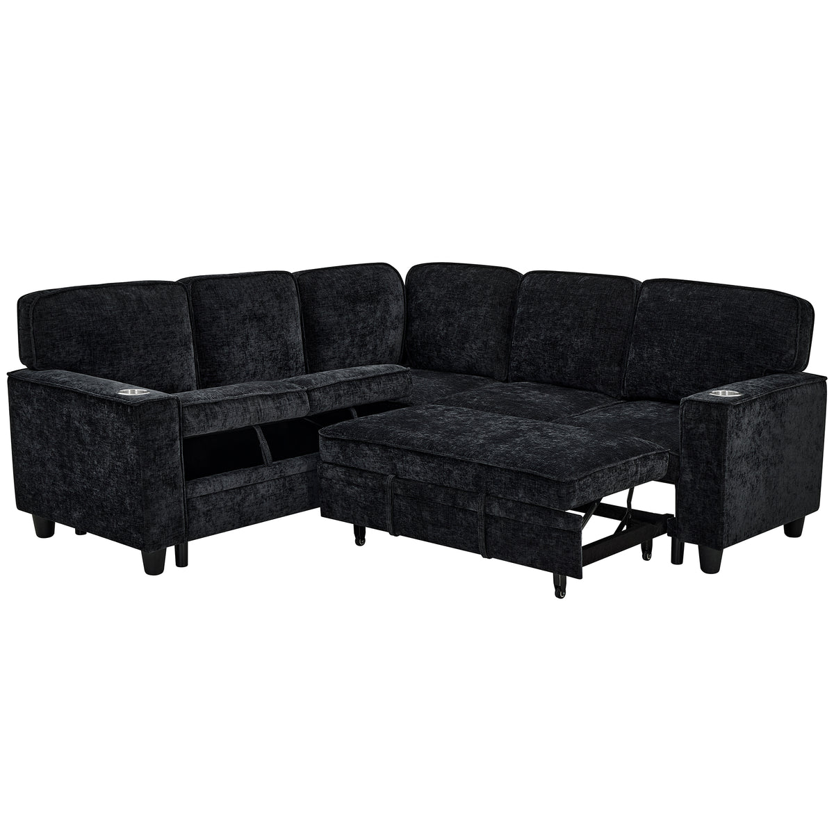 L-Shaped Sofa with Pull Out Sofa Bed, Sleeper Sofa Couch Bed with Storage Seat, 5 Seat Sectional Sofa Bed with USB, Sectional Sofa Couch for Living Room, Apartment, Charcoal Grey