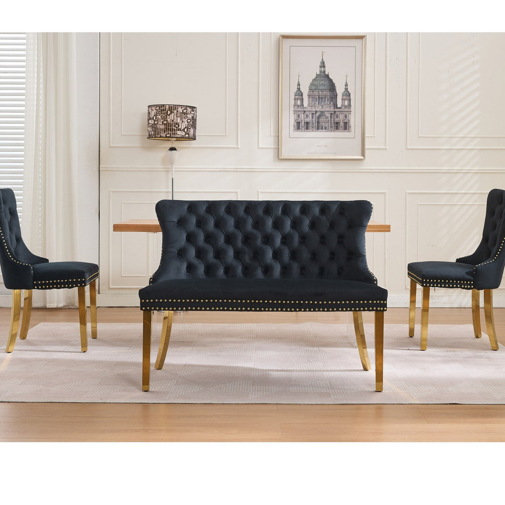 Velvet Double Dining Loveseat Bench, Kitchen & Dining Seating, 2-Seat Tufted Bench w/Handmade Buttons, Wing Back, Brushed Silver Stainless Steel Legs, Mid Century Modern,Single Pack,Gray,SW1702GY