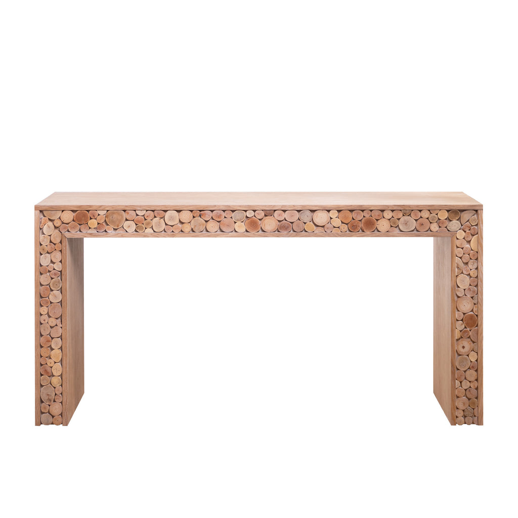 Natural wood console table behind sofa living room