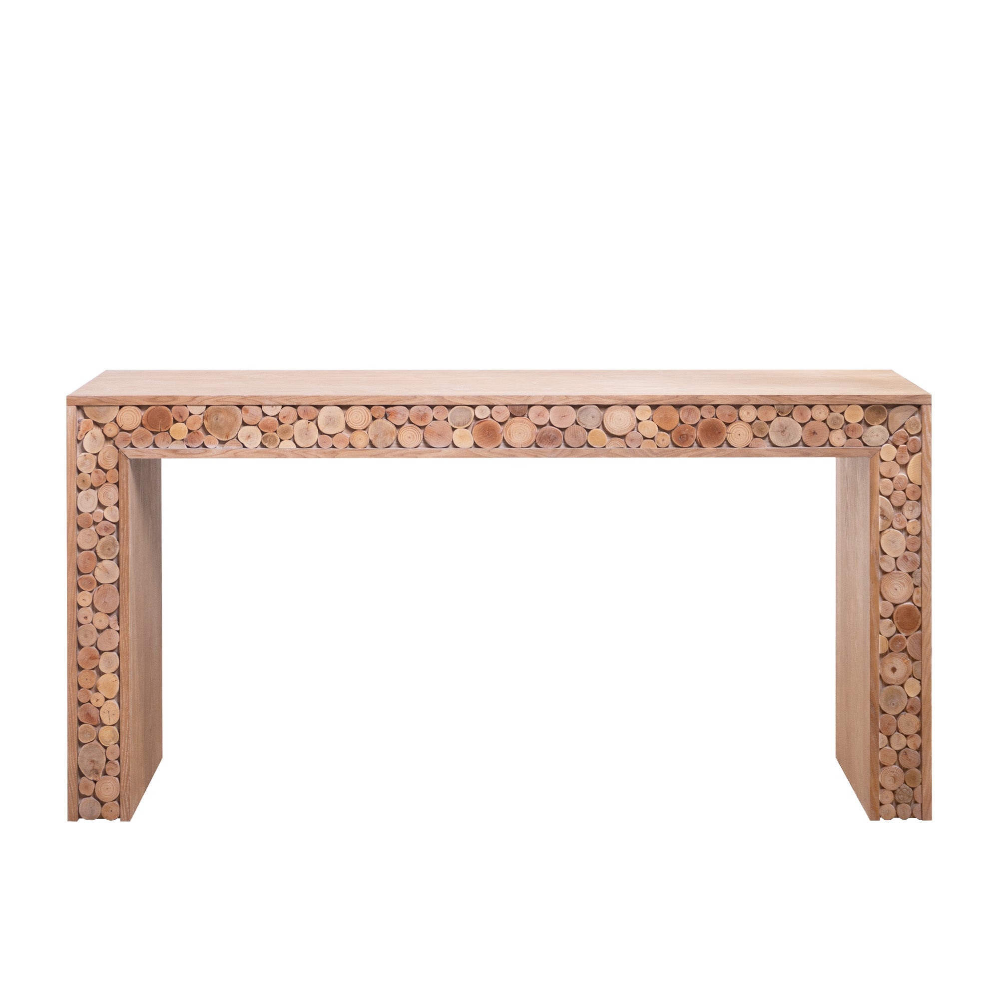 Natural wood console table behind sofa living room
