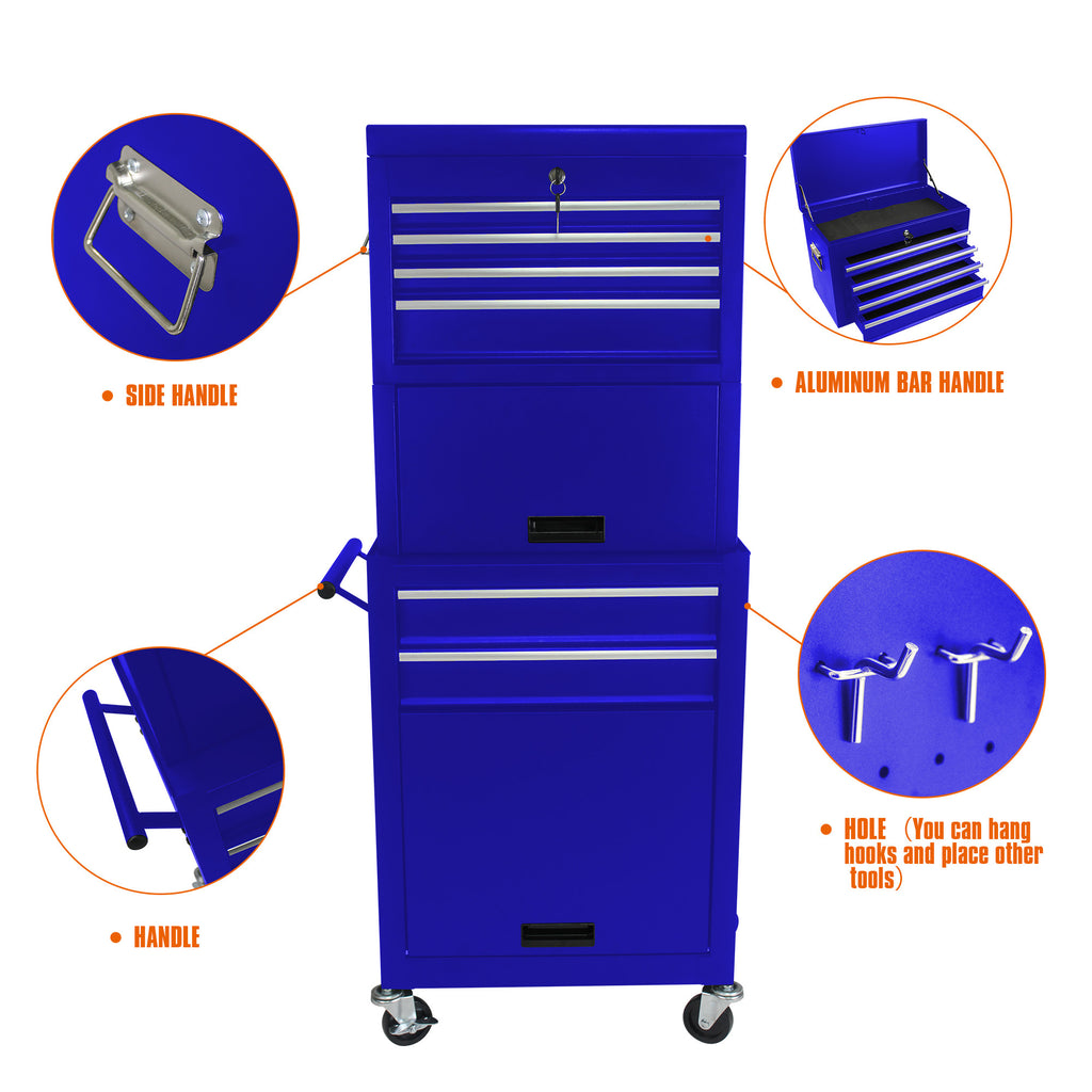 Blue powder-coated steel tool cabinet drawer open