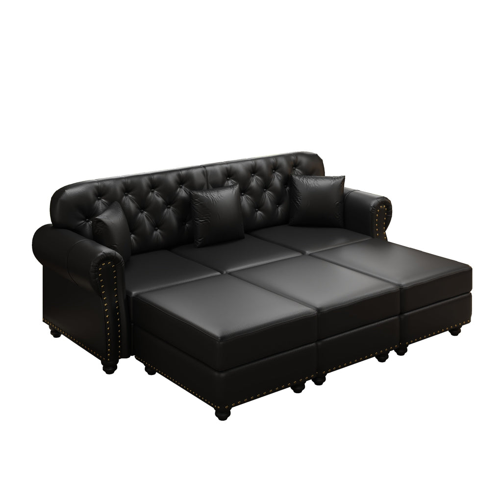 82.6'Upholstered Faux Leather Sofa with Nailhead Trim and Rolled Armrests,Mid-Century Modern Chesterfield Sofa with Button Tufted,Includes 3 Pillows,Black