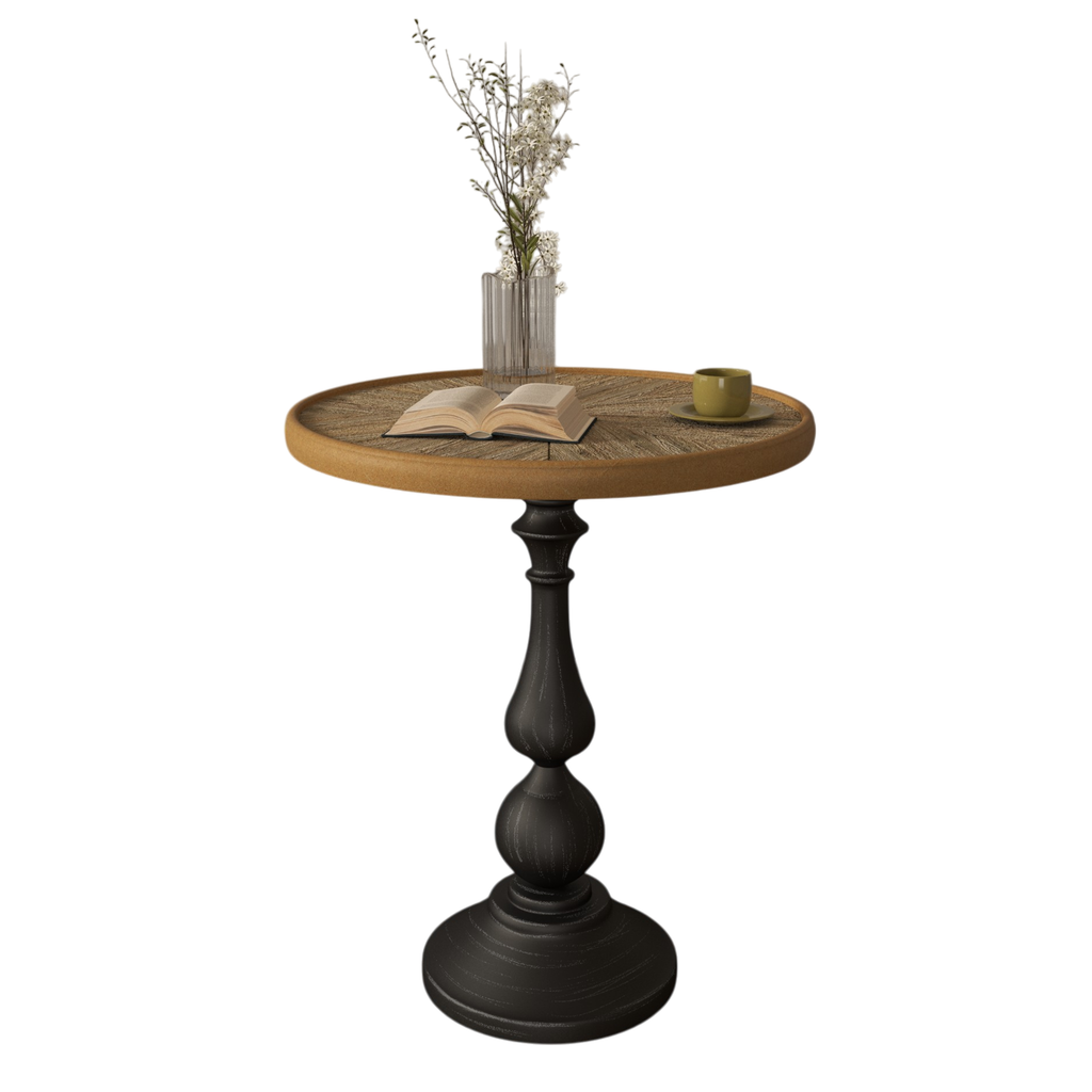 Round wood end table beside chair or sofa setting