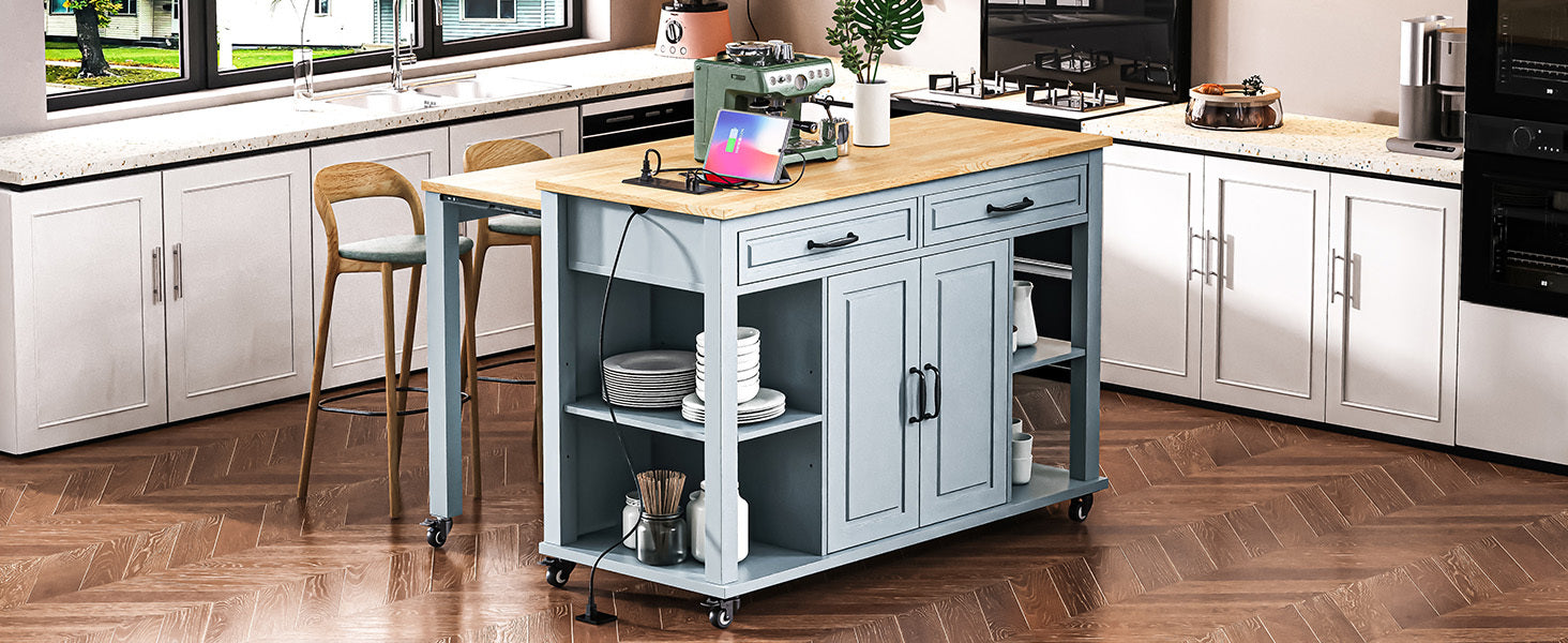 K&K 47 inch Kitchen Island with Extendable Dining Table, Rubber Wood Veneer Kitchen Table with Internal Storage Rack, Power Outlet, Kitchen island with Storage 2 Drawers 2 Cabinet, Black