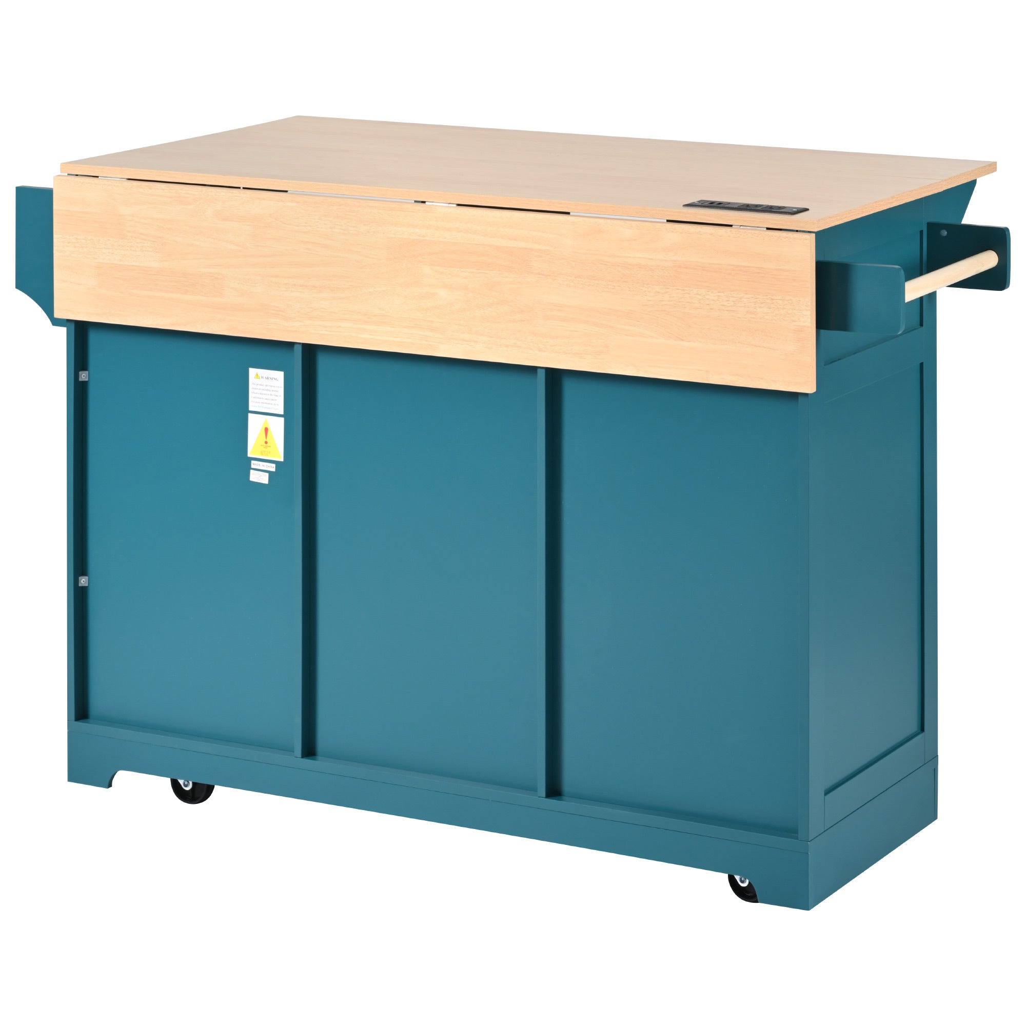 K&K 55.7'' Large Kitchen Island with 2 Drop Leaf,, Rolling Kitchen Cart on 5 Wheels with Power Outlet, Folding Storage Dining Table with Spice & Towel Rack , 3 Drawers, for Kitchen, Dining Room,Black