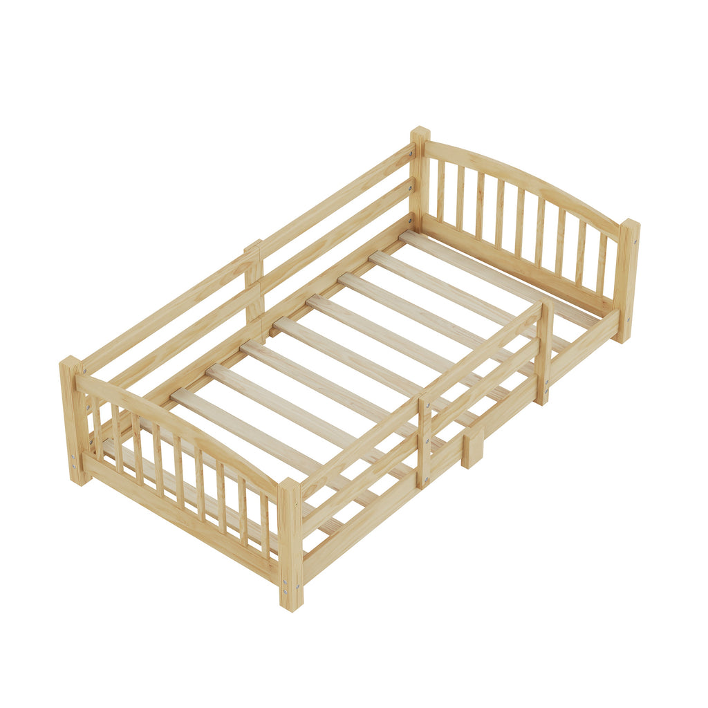 Twin Montessori Floor Bed with Slats and Safety Guardrails, Solid Wood Floor Bed with Fence and Without Door, Easy Assemble Montessori Bed for Girls and Boys, Gray