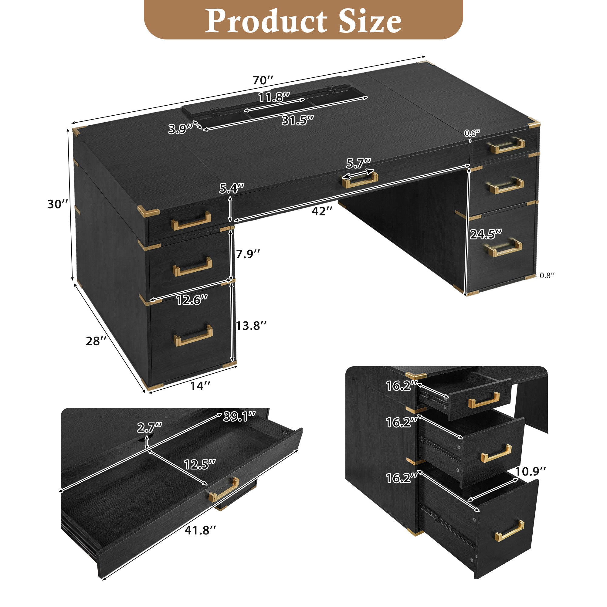 Executive desk desktop with gold metal edge trim detail