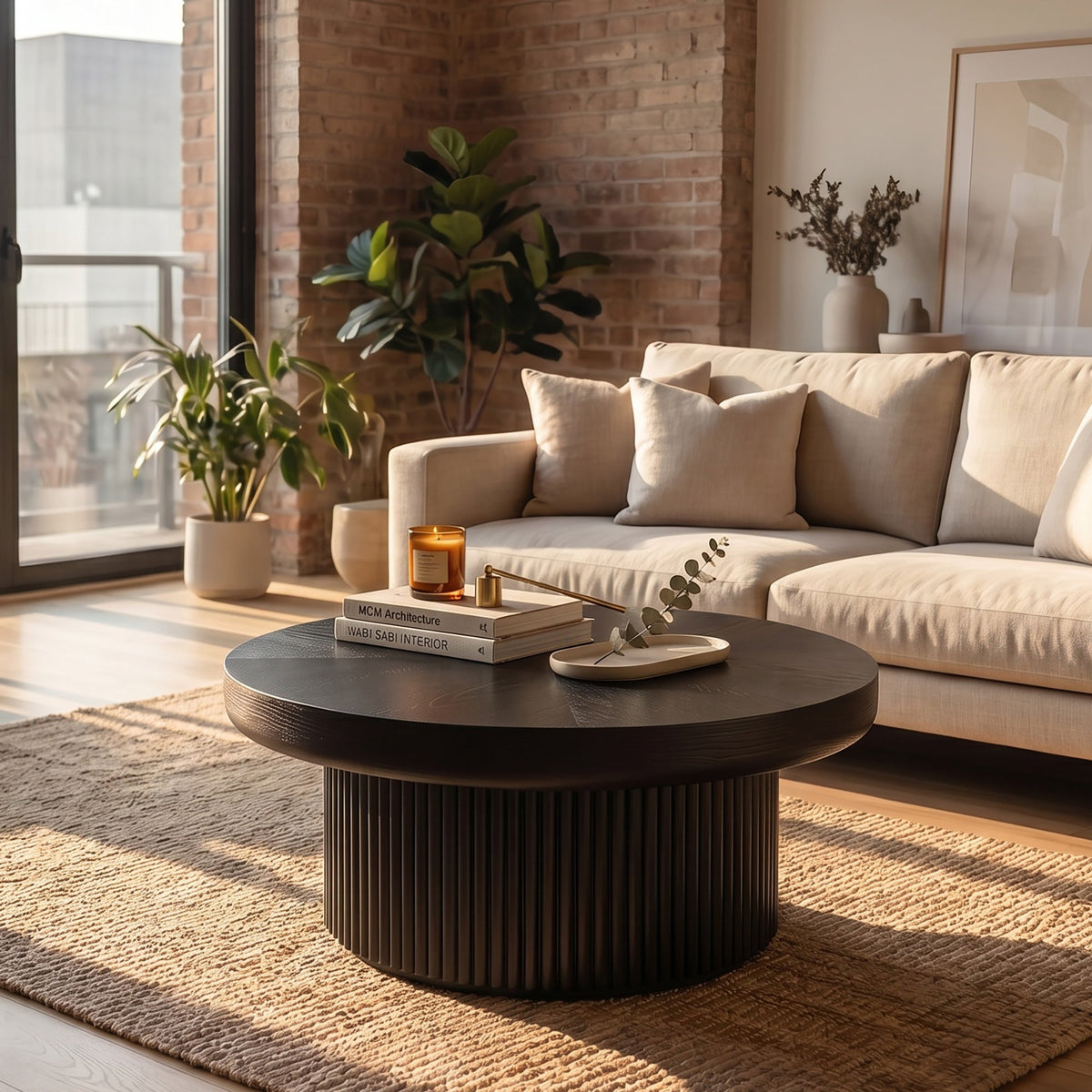 33.5'' Round Fluted Coffee Table with Real Wood Parquet Pattern Top & Cylindrical Base, Thickened Tabletop, Mid-Century Modern Circle Cocktail Table for Living Room, Small Space, Walnut