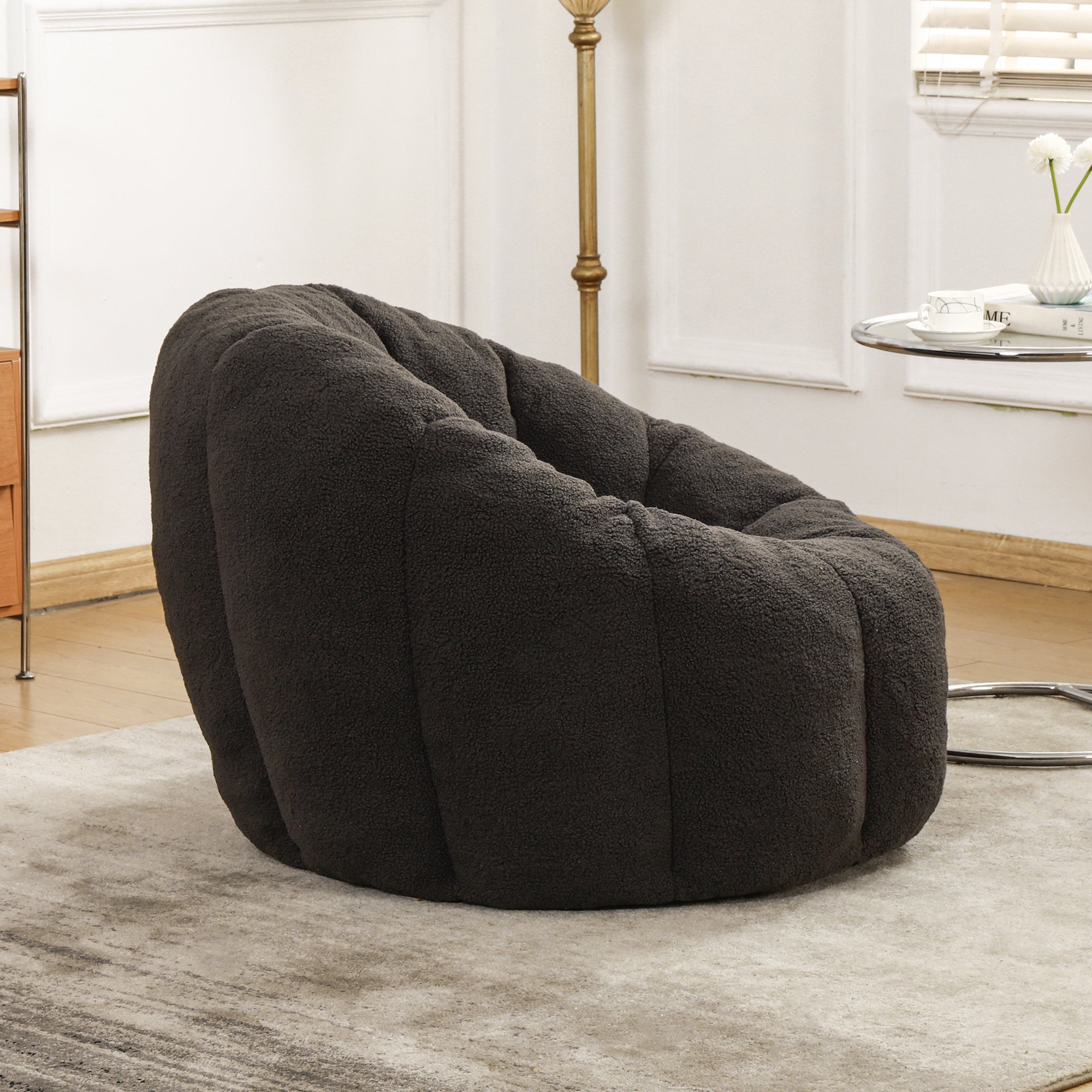 Dark gray teddy faux fur bean bag in living room setting
