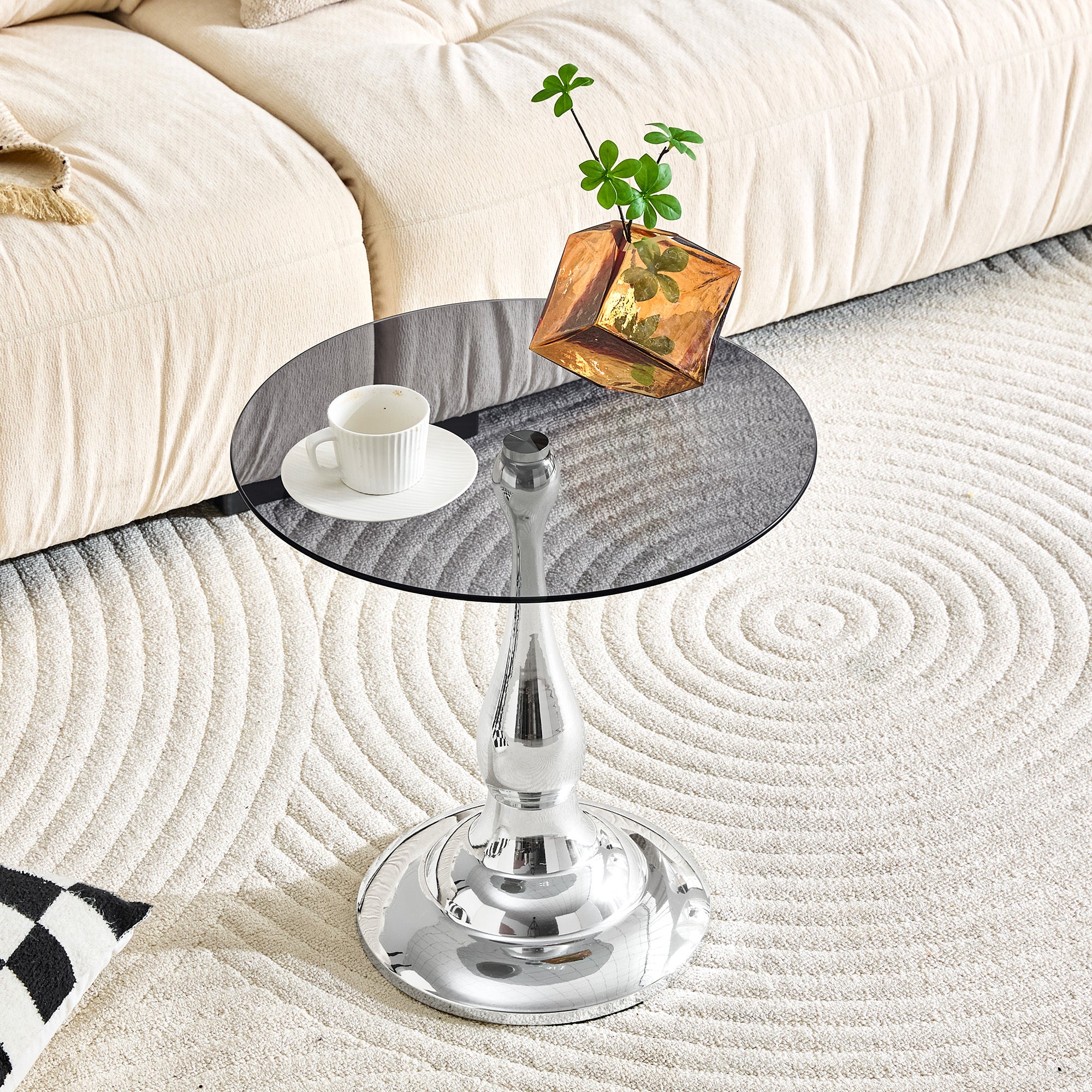 Small metal side table, modern silver round side table with a glass top measuring approximately 19.6 inches in diameter. Ideal for use next to a bed or sofa, in living rooms, bedrooms, patios, etc.
