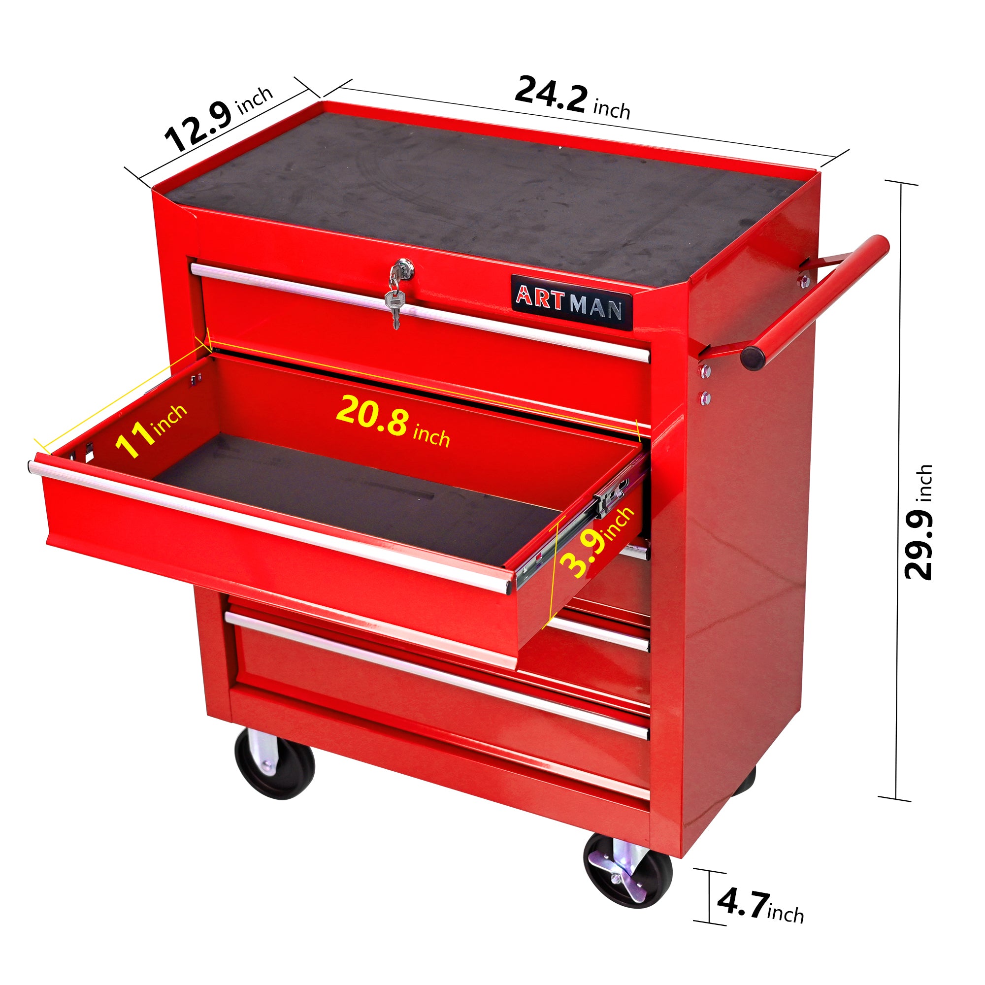 Red steel tool cart five drawers ball-bearing slides detail