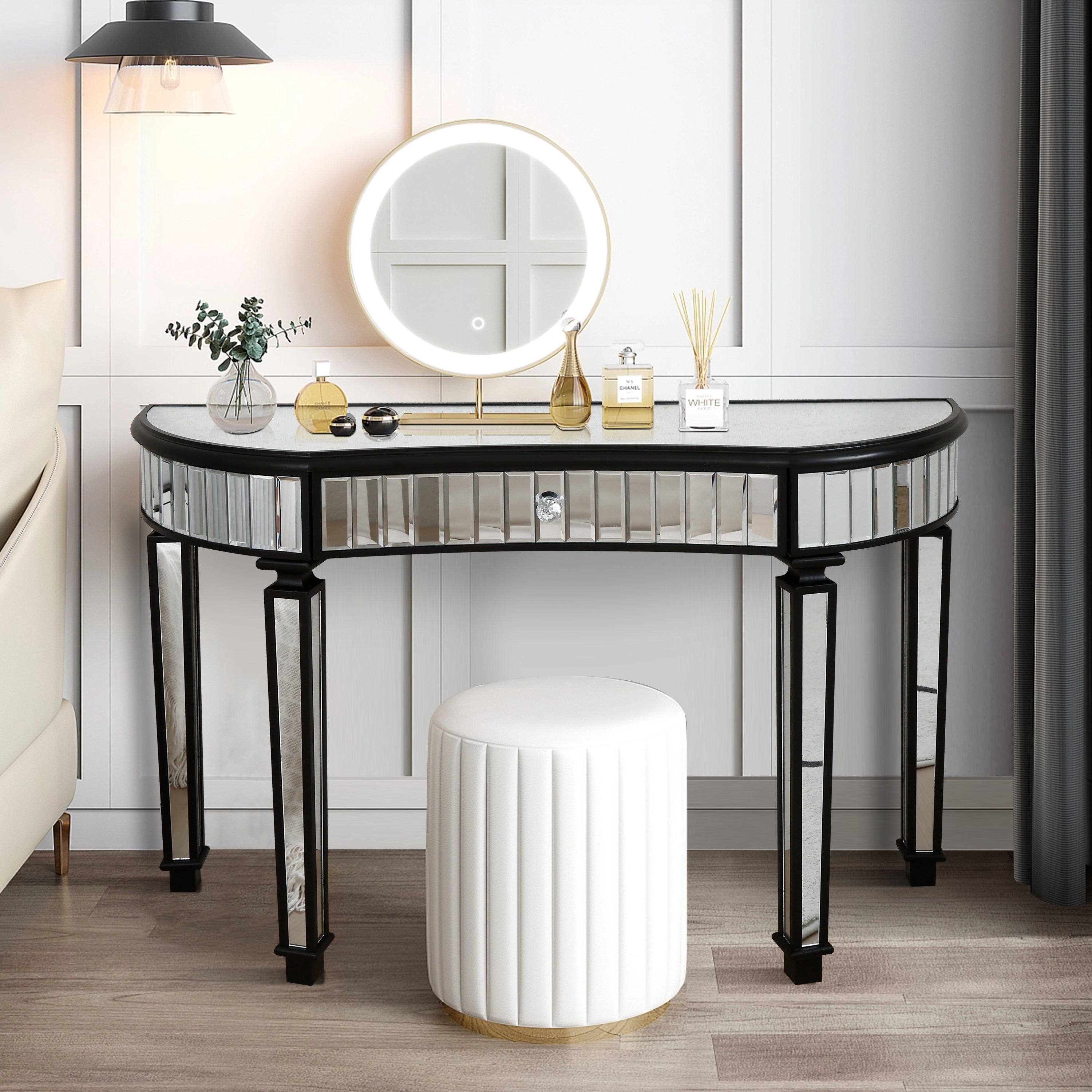 47" Half-Moon Mirrored Console Table — Fluted Glass & Crystal Drawer