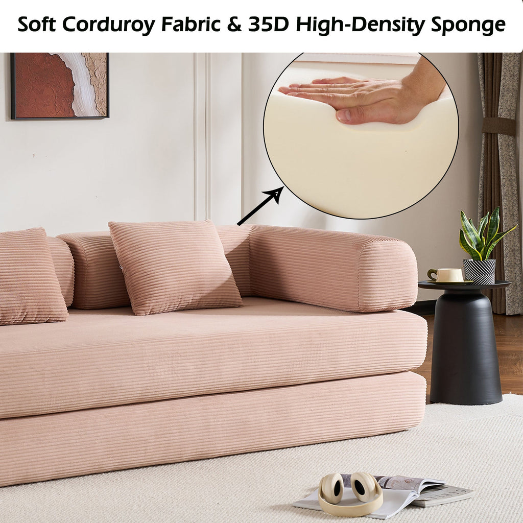 Convertible Sleeper Sofa Bed with Cylindrical Pillow, Corduroy Folding Mattress Couch with Fixed-Shape Frame, Floor Sofa Lounge Couch for Living Room Bedroom Black