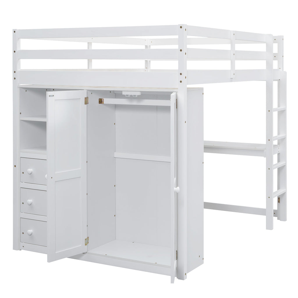 Full Size Loft Bed with Wardrobe, Desk & Storage Drawers — Pine Wood
