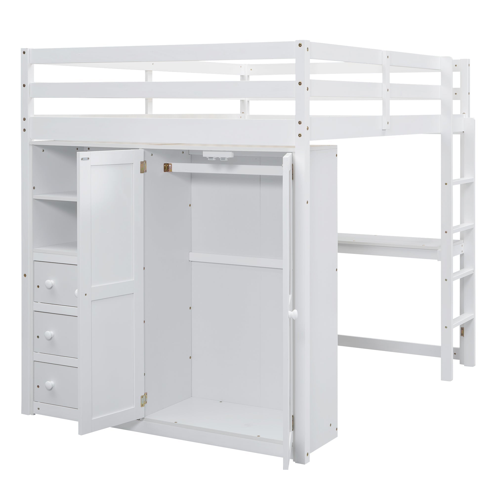 Full Size Loft Bed with Wardrobe, Desk & Storage Drawers — Pine Wood