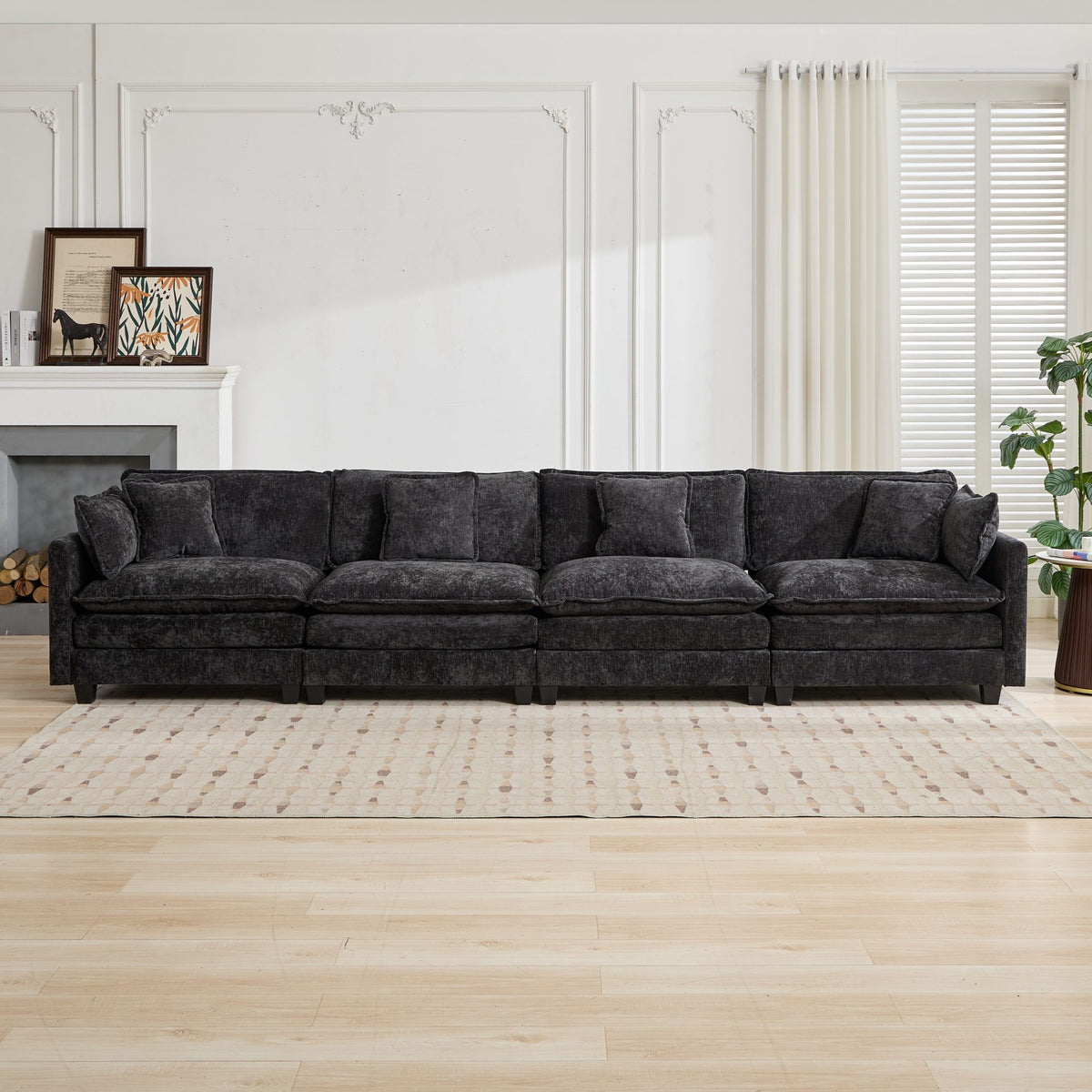Cloud Sofa 4 Seats (Ottoman is not included), Modern Sectional Couch, for Living Room Bedroom and Apartment, Comfy Double Layer Upholstered Seat Cushion, Breathable Chenille Fabric, Black,SW5014BK