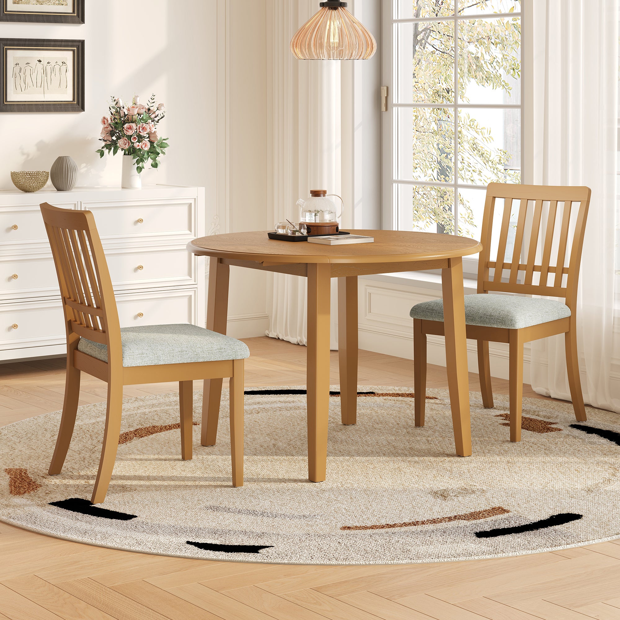 3-Piece Round Dining Table Set for 2 People, 1 Folding Wood Dining Table + 2 Upholstered Chairs, Space-Saving Design for Small Apartments and Dining Areas -LIGHT BROWN