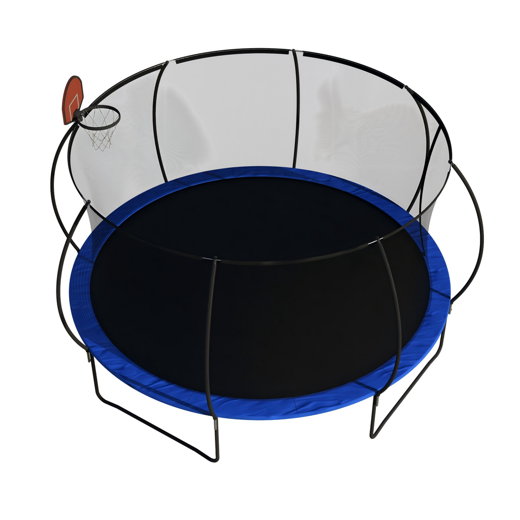 Kids outdoor trampoline with basketball hoop full view