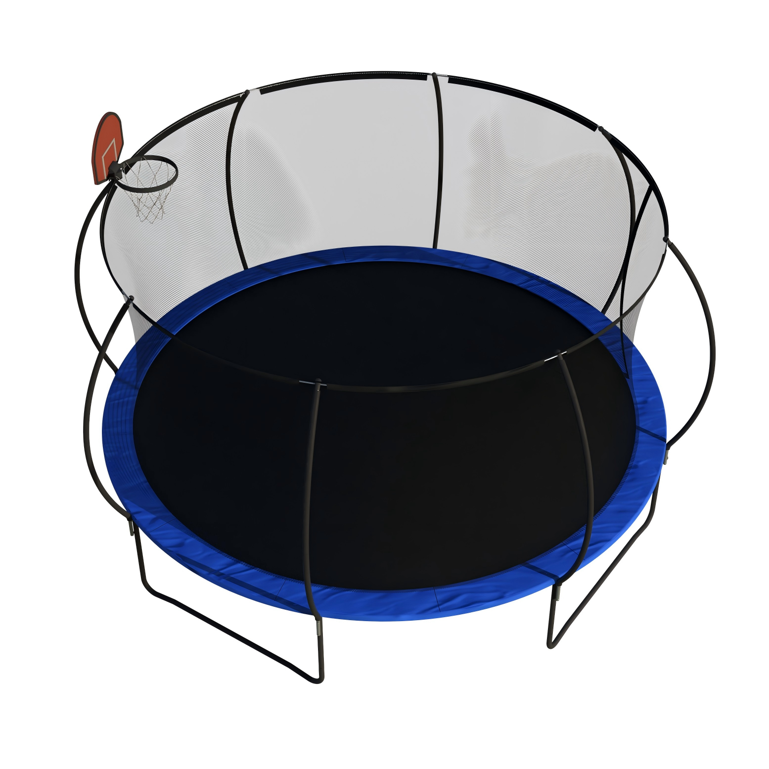 Kids outdoor trampoline with basketball hoop full view