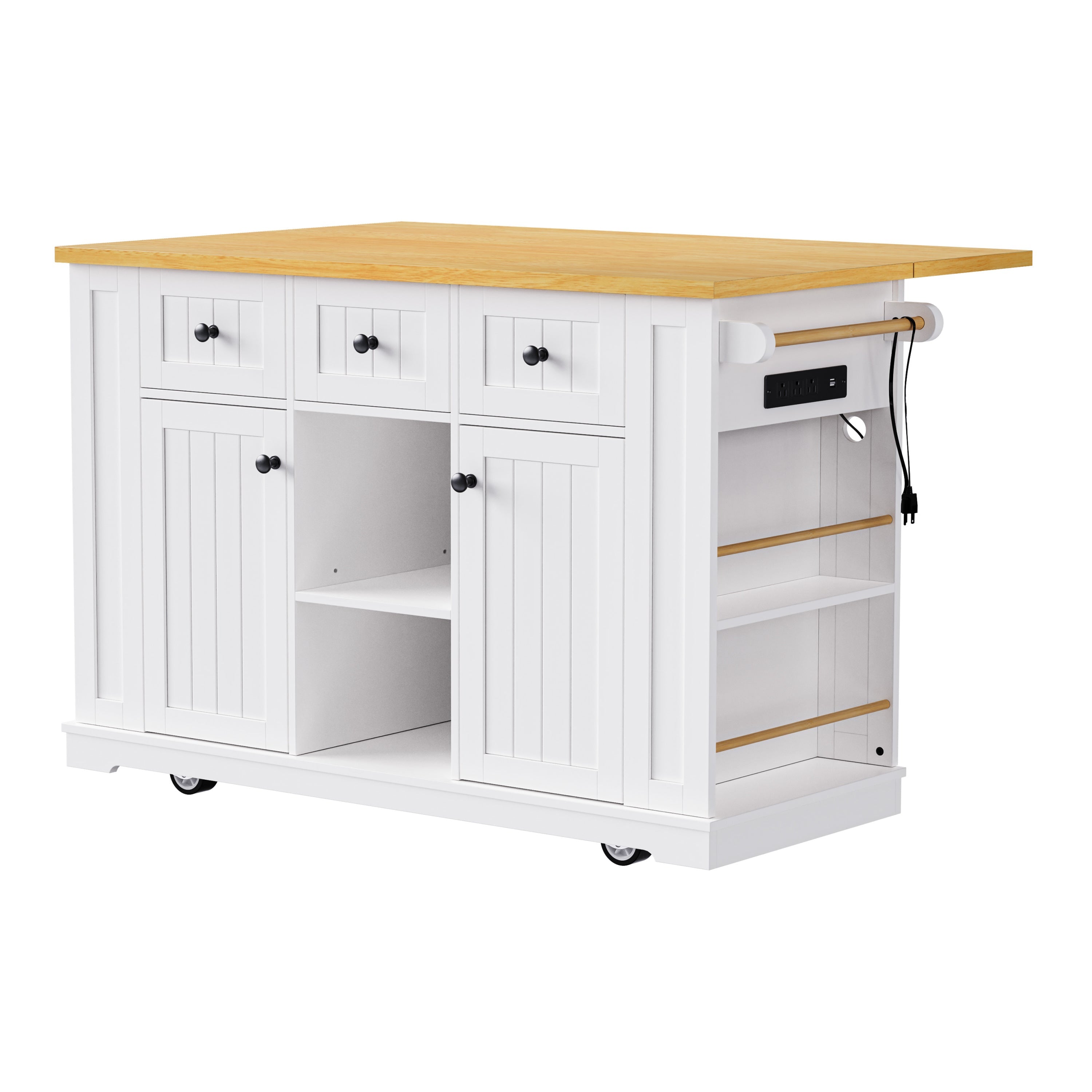 K&K 53inch Large Kitchen Island with Drop Leaf,Power Outlet,Door Internal Storage Rack,Rolling Kitchen Cart on 5 Wheels with 5 Open Side Racks for Kitchen,Black(Two Packages)(Stools not included)