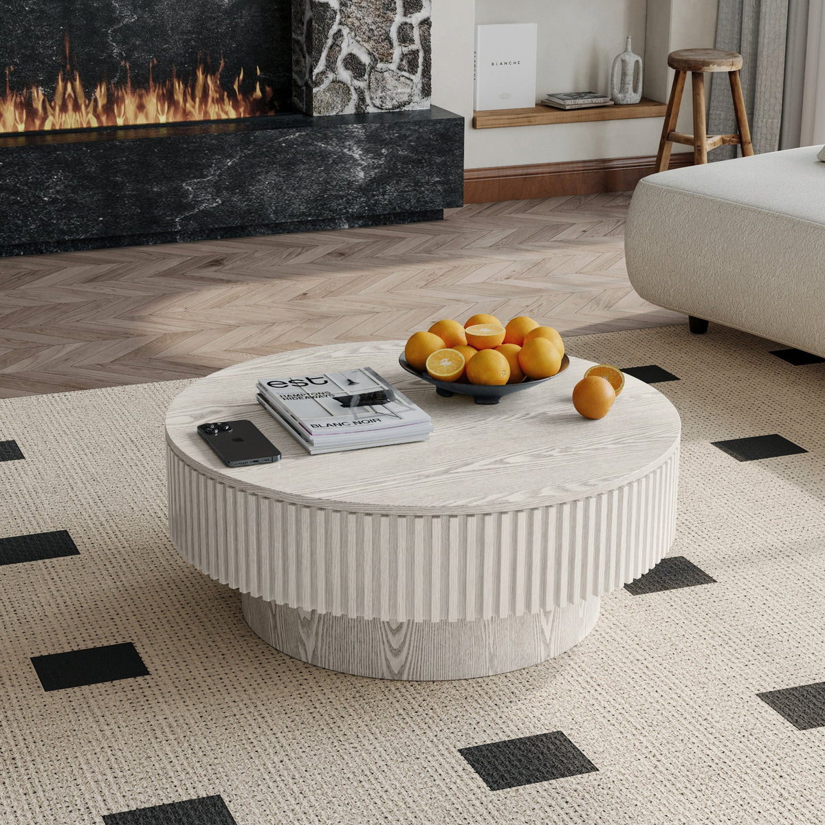 31.5'' Round Coffee Table with Storage Solid Wood Veneered Modern Coffee Table Accent Tea Table for Living Room, Bedroom, Apartment or Office, Grey