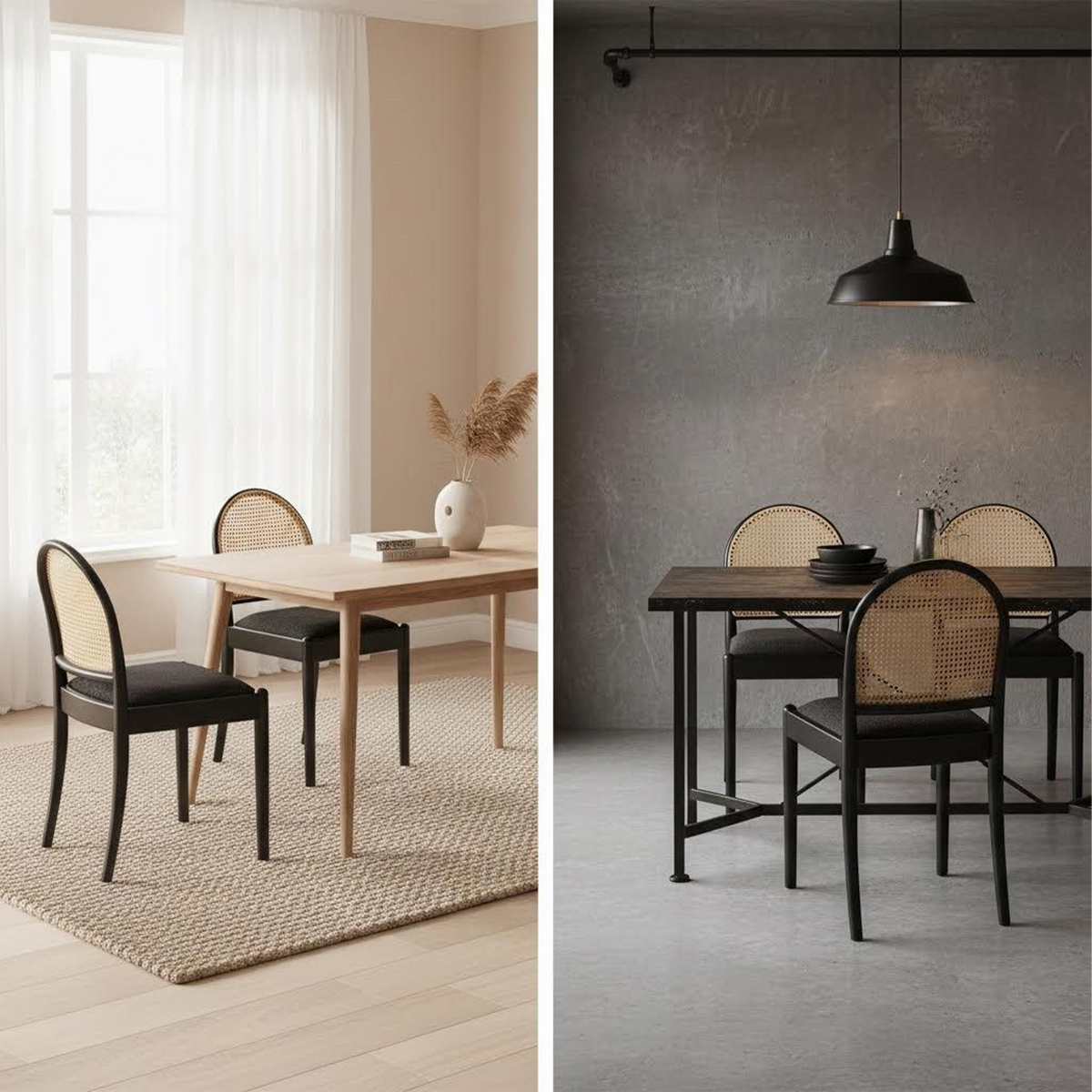 Rattan Dining Chairs Set of 2, Upholstered Linen Dining Room Chairs with Backrests, Modern Kitchen Chairs with Wood Legs for Dining Room, Beige
