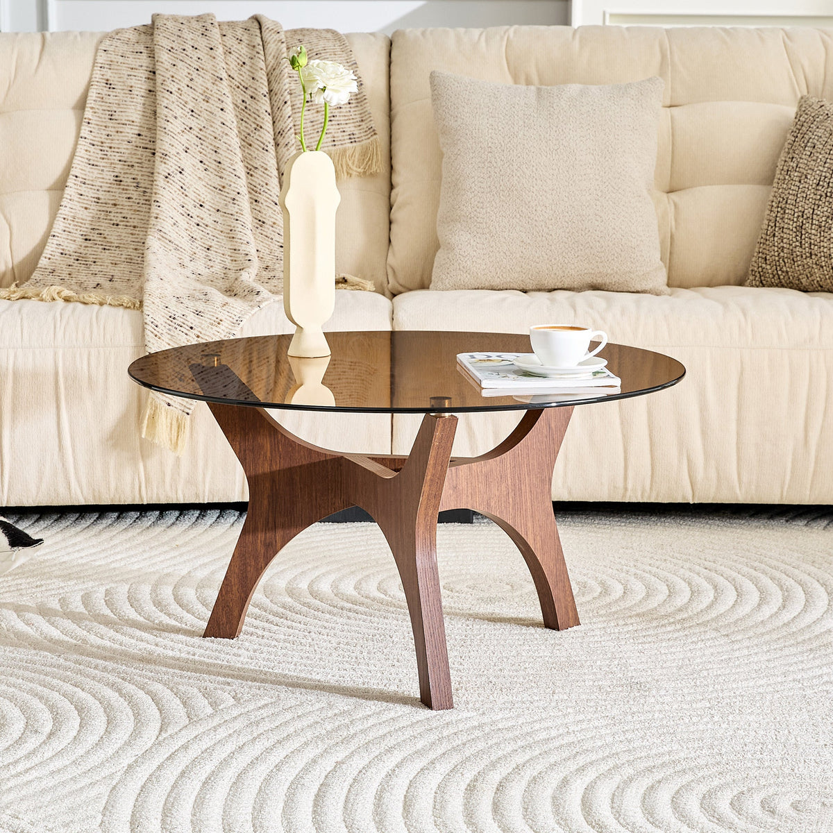 31.5' Glass Coffee Table, Mid-Century Modern Style, Ideal as a Centerpiece for Living Rooms, Bedrooms, Reception Areas, and Offices (Black Wood Grain)