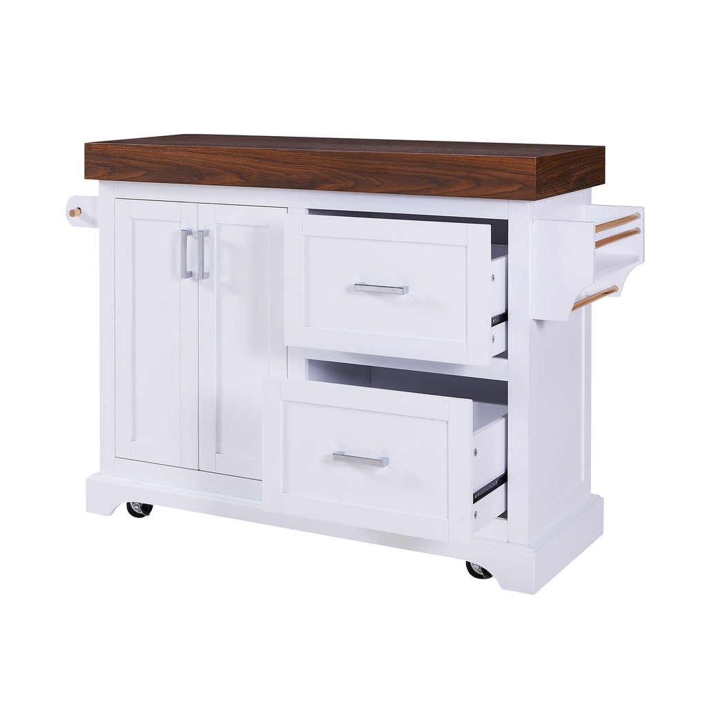 K&K 53' Large Kitchen Island with 3.5' Thick Desktop, Spice and Towel Racks, Rolling Kitchen Island with Storage on 5 Wheels, 2 Extra-large Drawers, for Home, Kitchen, Dining Room, Black