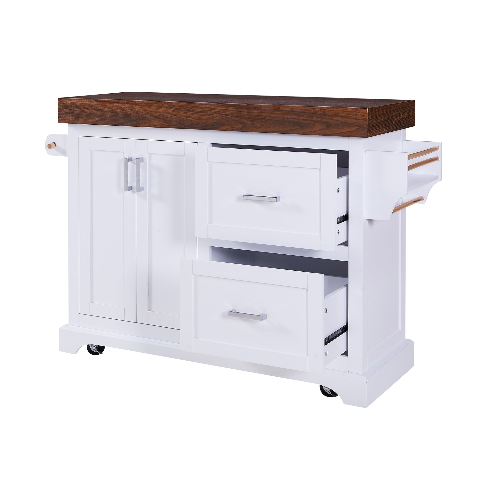 K&K 53' Large Kitchen Island with 3.5' Thick Desktop, Spice and Towel Racks, Rolling Kitchen Island with Storage on 5 Wheels, 2 Extra-large Drawers, for Home, Kitchen, Dining Room, Black