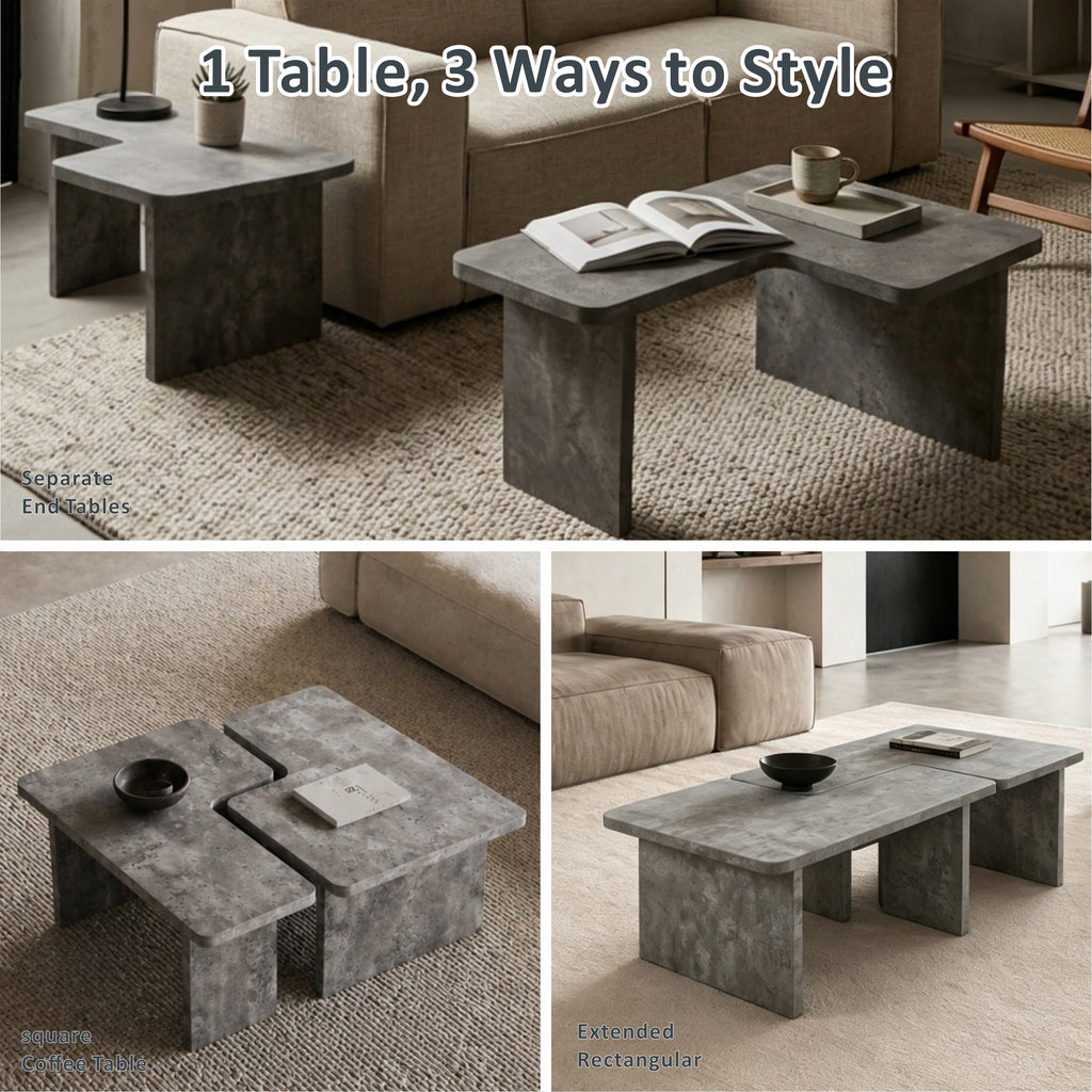 L-shaped nesting coffee table modules separated