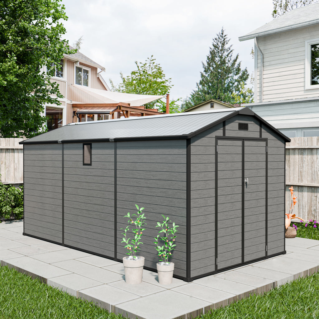 8x14 FT Plastic Outdoor Storage Shed - Lockable Resin Tool Shed with 2 Window & 3 Air vents, Dark Gray