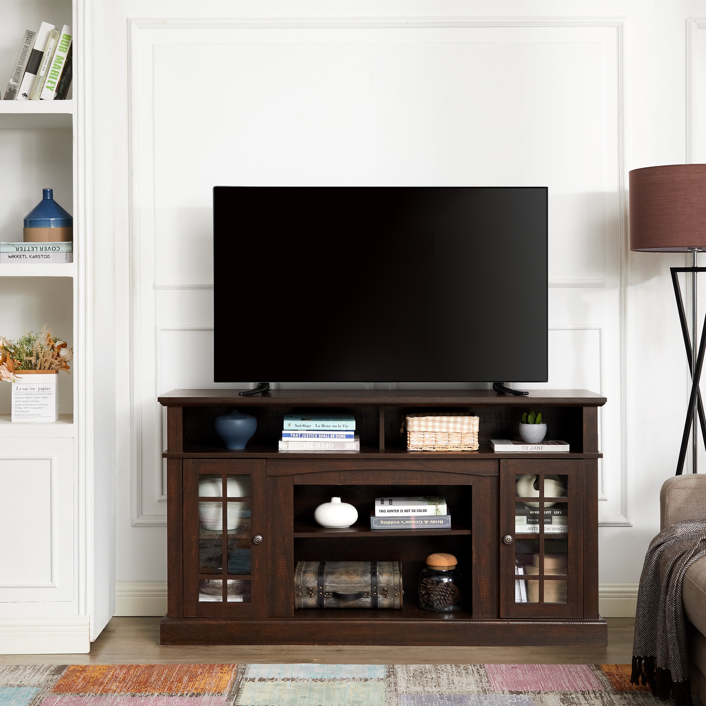 Classic TV Media Stand Modern Entertainment Console for TV Up to 65' with Open and Closed Storage Space, Espresso, 58.25'W*15.75'D*32'H