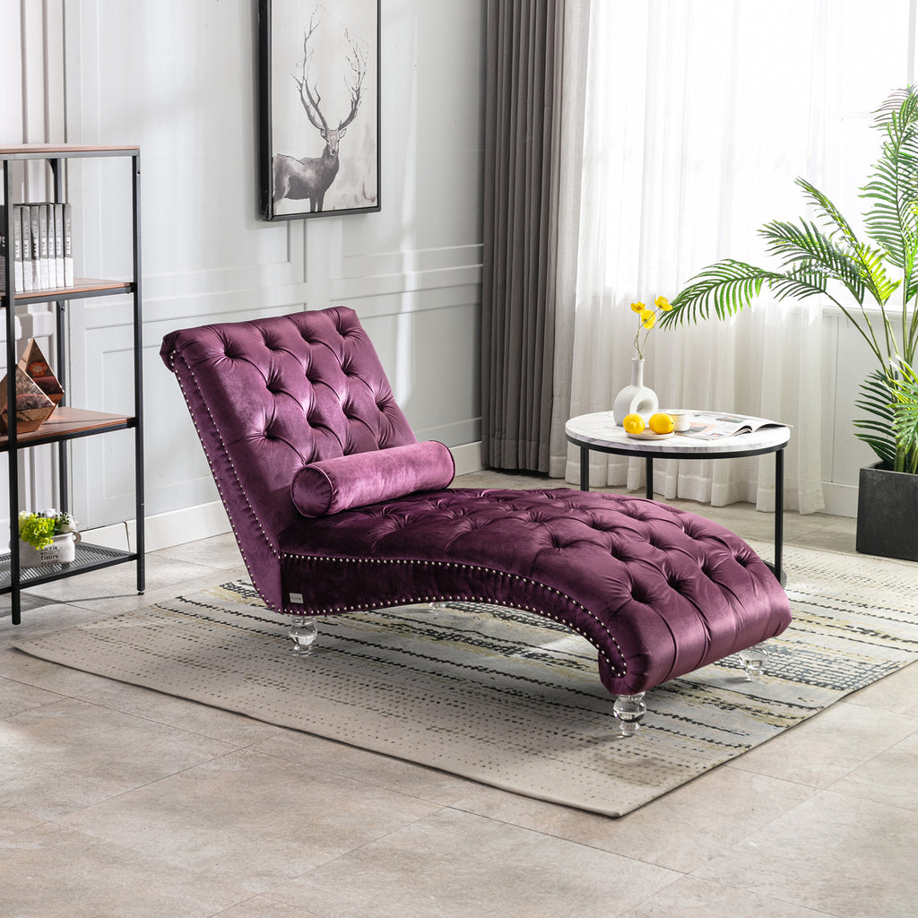 Purple velvet chaise in living room setting