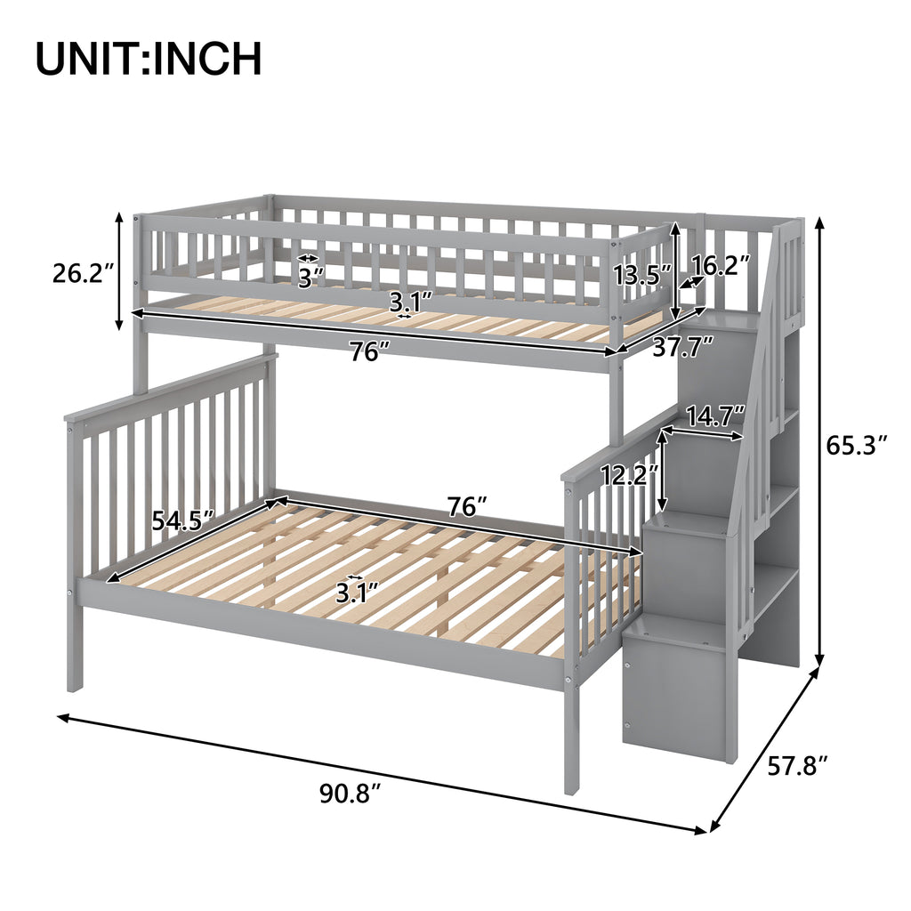 Gray bunk bed with built-in stairway and side storage shelves