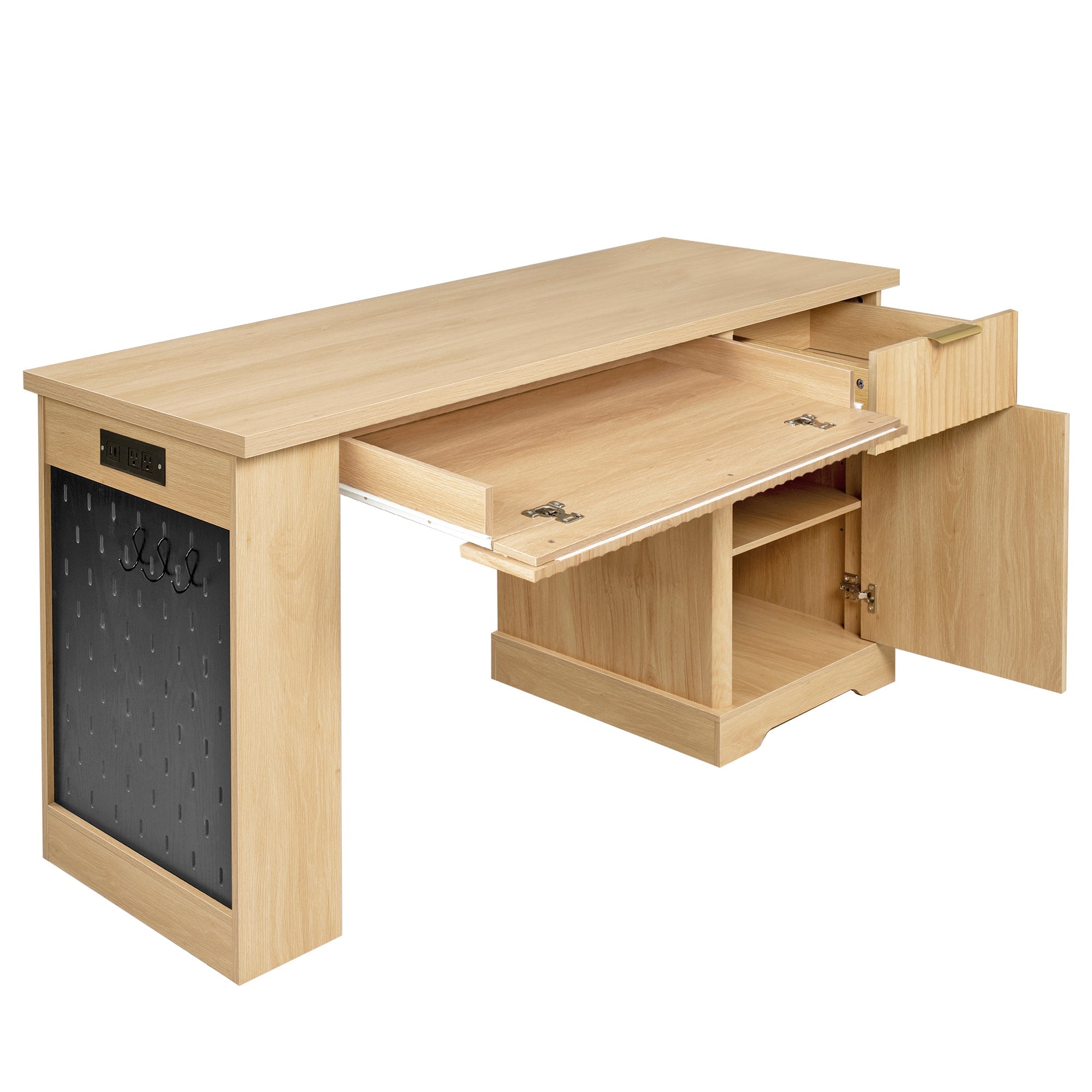 Fluted Office Desk with Pegboard, Charging Station, Keyboard Tray & Storage — 55-Inch