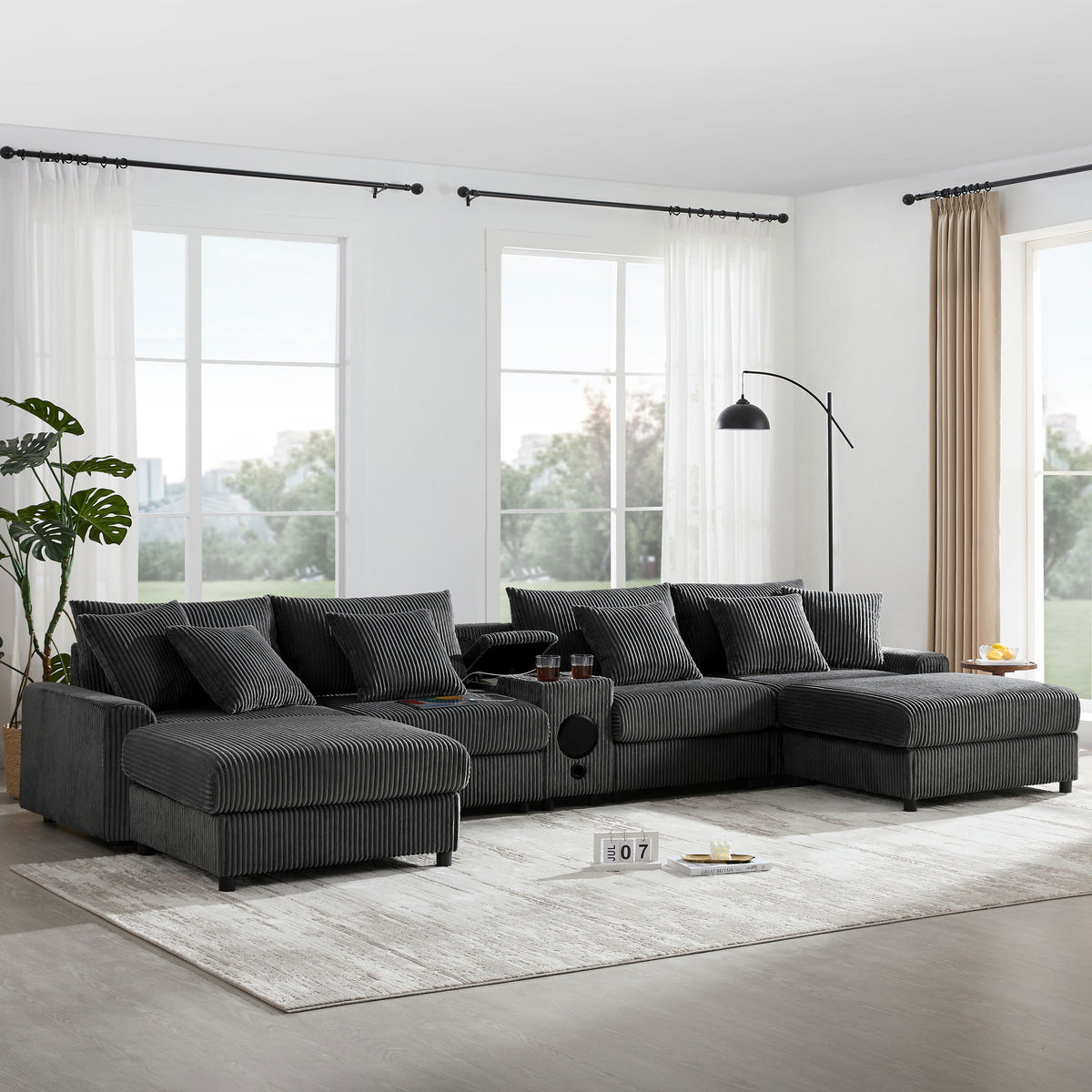 [VIDEO]141.5*64'' Corduroy Sectional Sofa with Bluetooth Speakers, U-Shaped Couch with Console, USB Charger, Cup Holders, Storage, Ottoman, Deep and Wide Seat Cloud Sofa for Living Room&Apartment