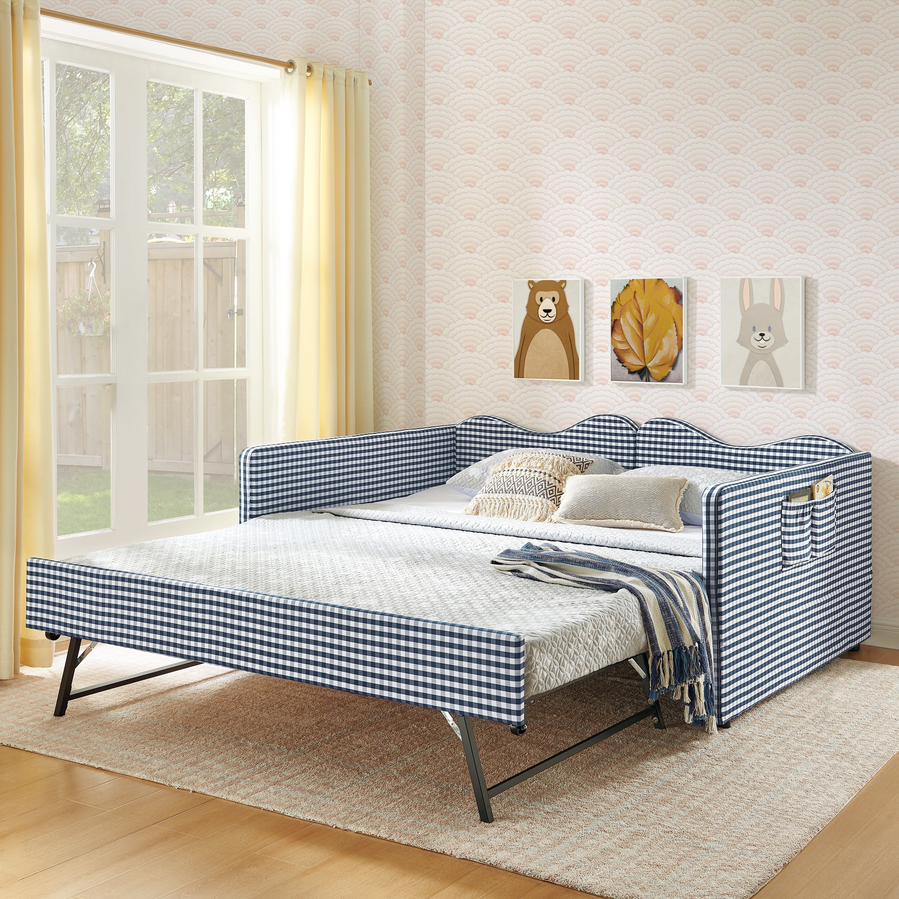 Full‑Size Daybed,Gingham Upholstered Daybed Equipped with Pull-Out Trundle Bed Frame & Side Storage Pocket, Solid Wood Frame Multi-Functional Sofa Bed for Kids Room & Guest Bedroom-PINK