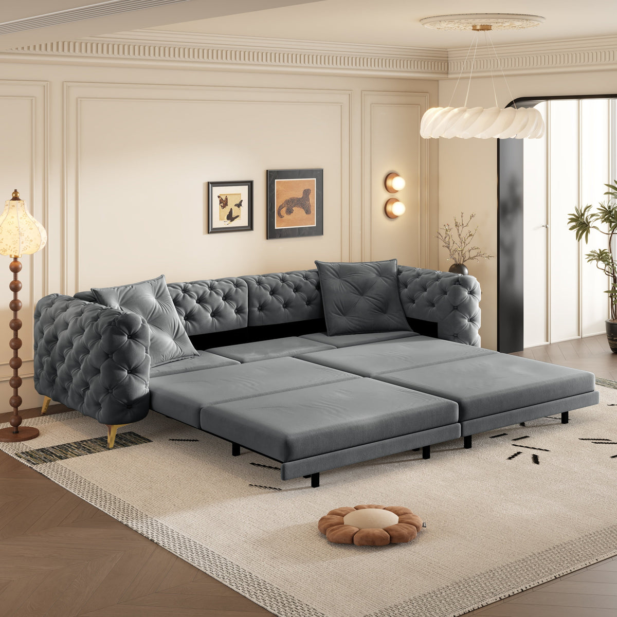 97.7' 3-in-1 Convertible Sleeper Sofa, 28.4' Deep Seat Pull Out Sofa Bed,Button Tufted Modern Sofa, 4-Seater Couch with Movable Ottoman for Apartment, Office, Bedroom,Beige/White