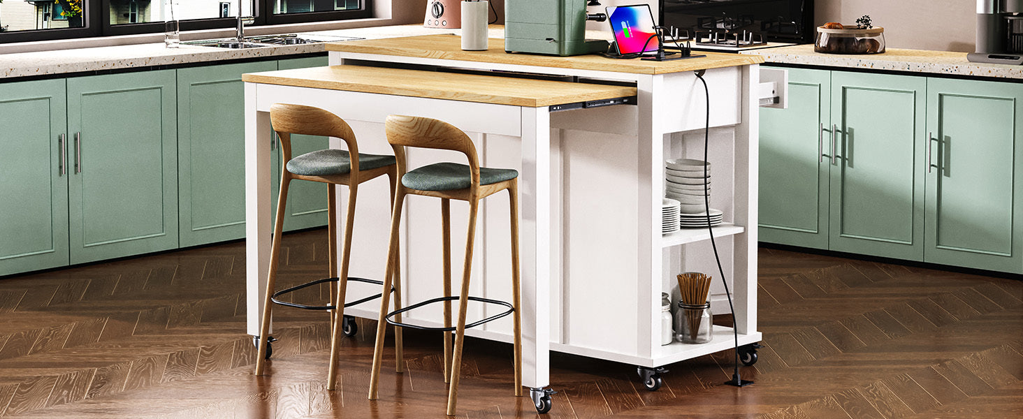 K&K 47 inch Kitchen Island with Extendable Dining Table, Rubber Wood Veneer Kitchen Table with Internal Storage Rack, Power Outlet, Kitchen island with Storage 2 Drawers 2 Cabinet, Black