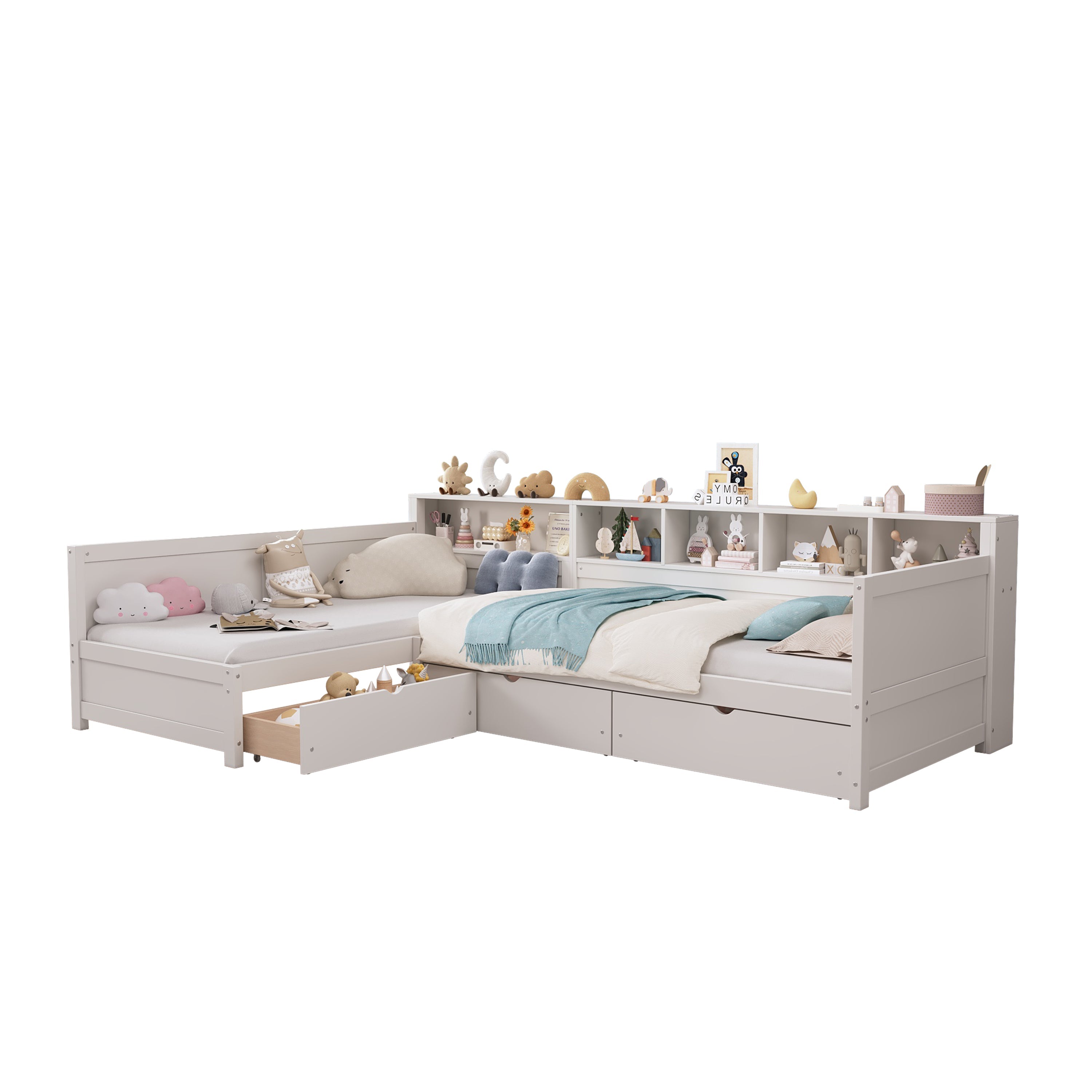 Twin Size Day Bed for 2, L- Shape Twin Size Bed Frame with Storage 3 Drawers, Wooden Corner Bed with Bookshelf, Corner Bed Frame For Bedroom, Living Room,Grey