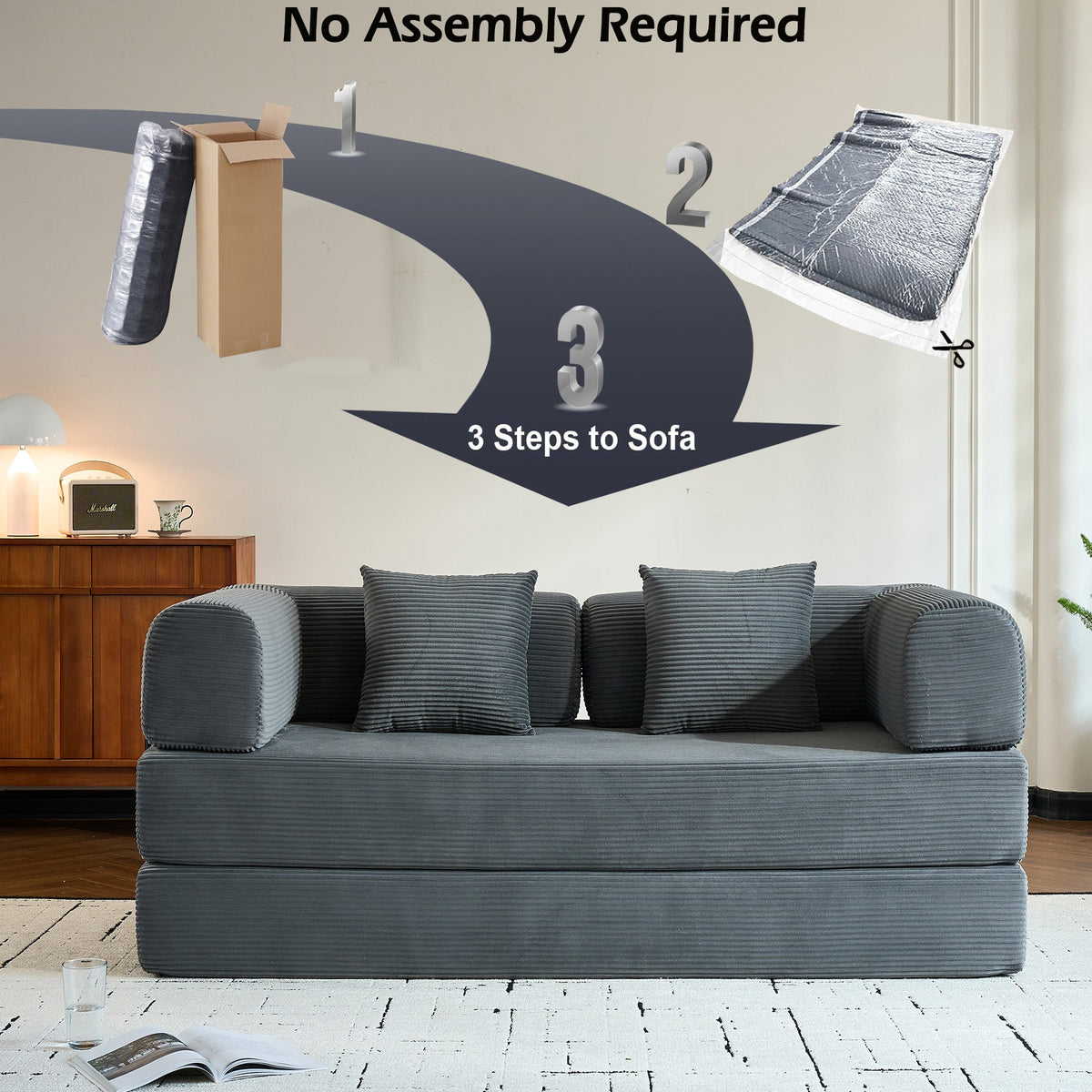 Convertible Sleeper Sofa Bed with Cylindrical Pillow, Corduroy Folding Mattress Couch with Fixed-Shape Frame, Floor Sofa Lounge Couch for Living Room Bedroom Black