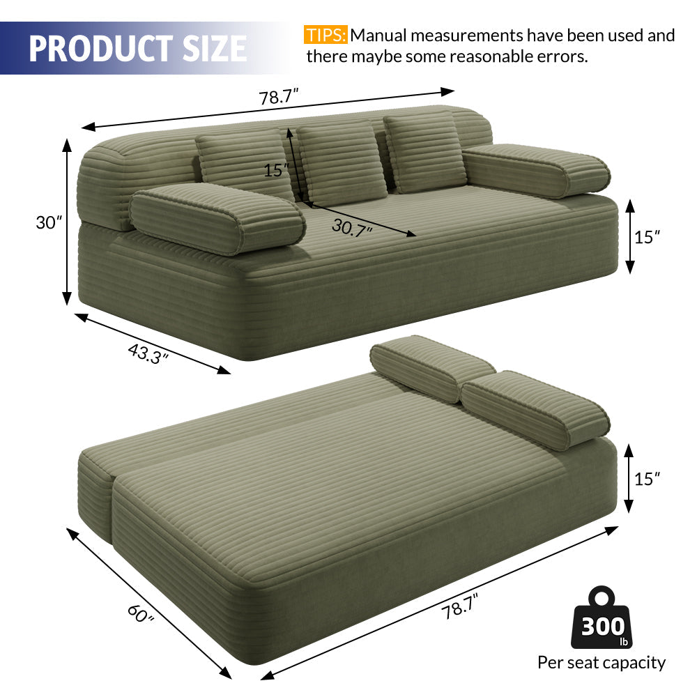 78.7' Frameless Sofa,2-in-1 Convertible Sofa Bed with 3 Pillows – Plush Corduroy Fabric, Multi-Functional 3-Seater Couch for Small Spaces, Apartments and Bedrooms,Beige