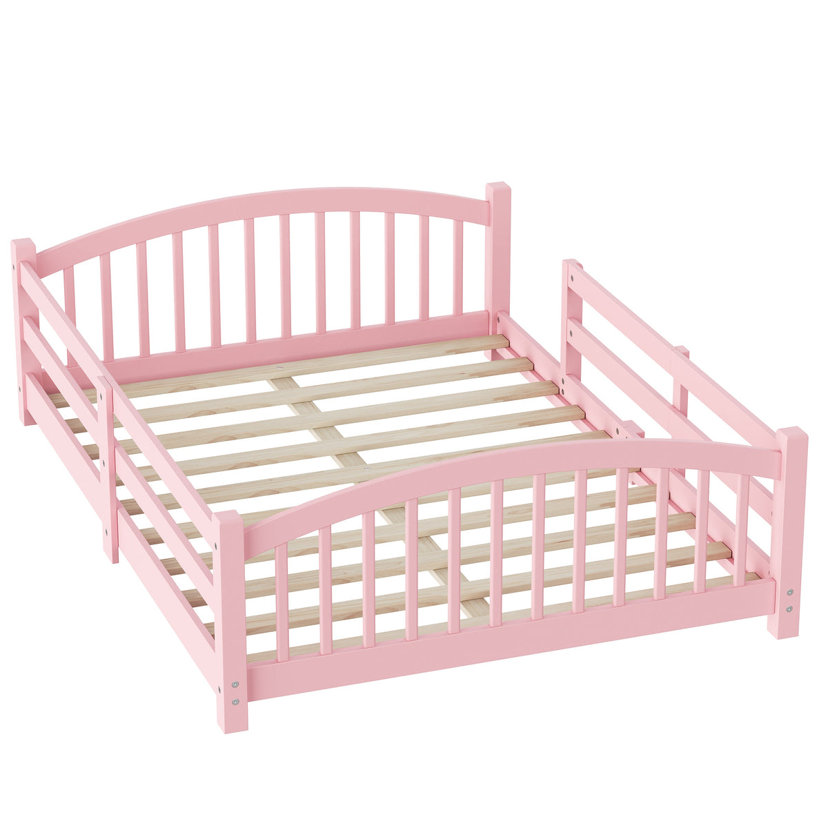 Full Montessori Floor Bed with Slats and Safety Guardrails, Solid Wood Floor Bed with Fence and Without Door, Easy Assemble Montessori Bed for Girls and Boys, Gray