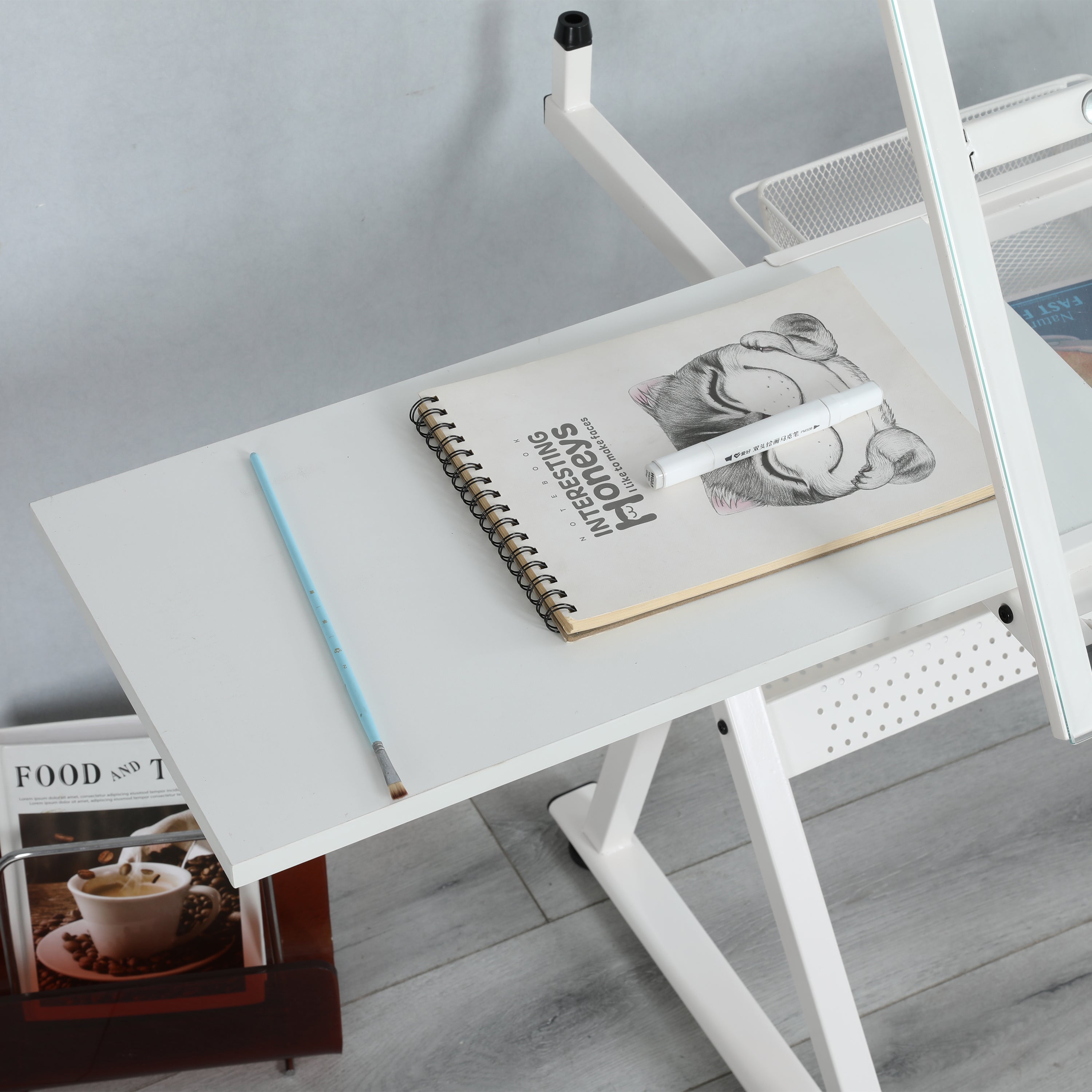 White drawing desk profile view with stool