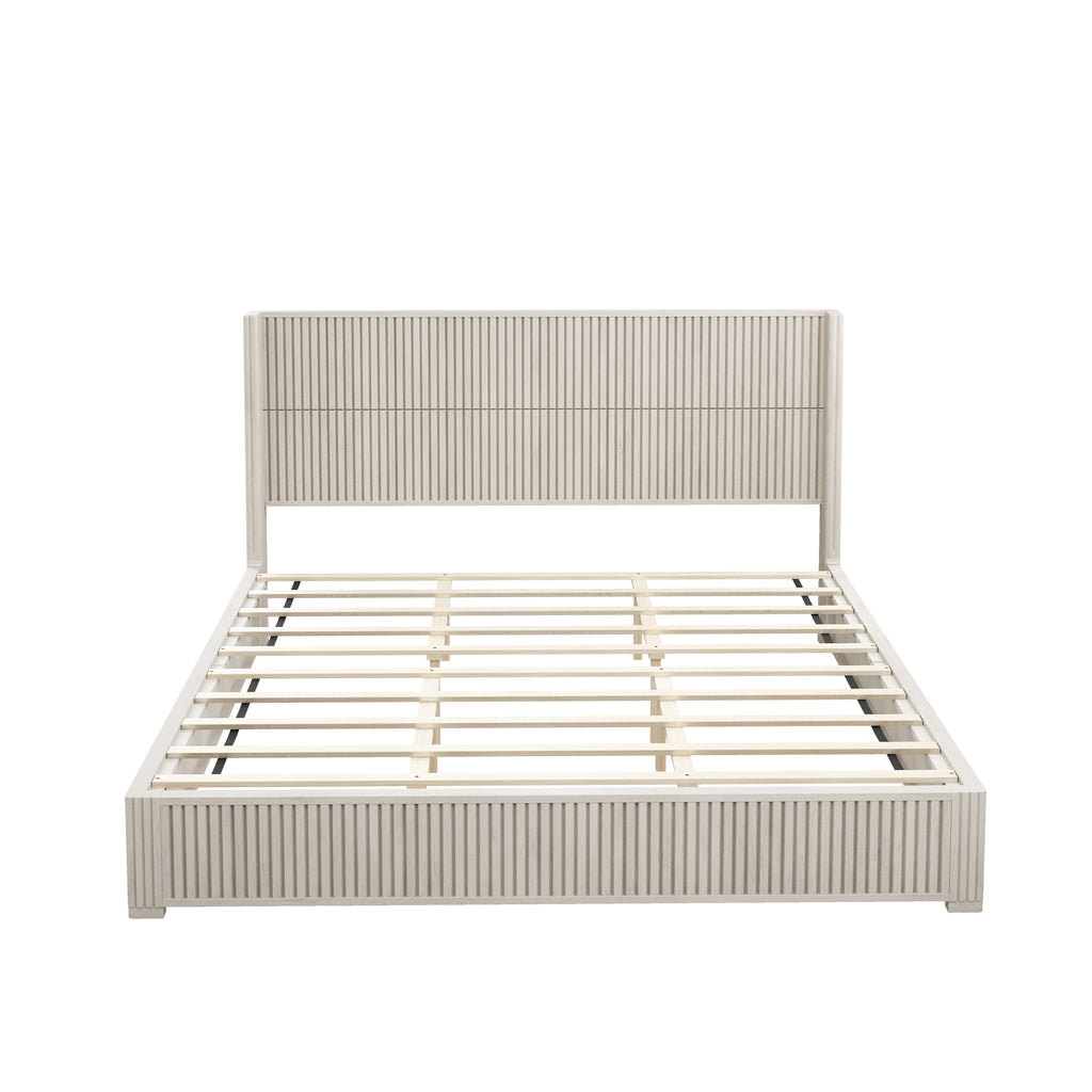 Beige Solid Wood Platform Bed Frame with Headboard, King Size, No Box Spring Needed, Easy Assembly, Floor-standing Design