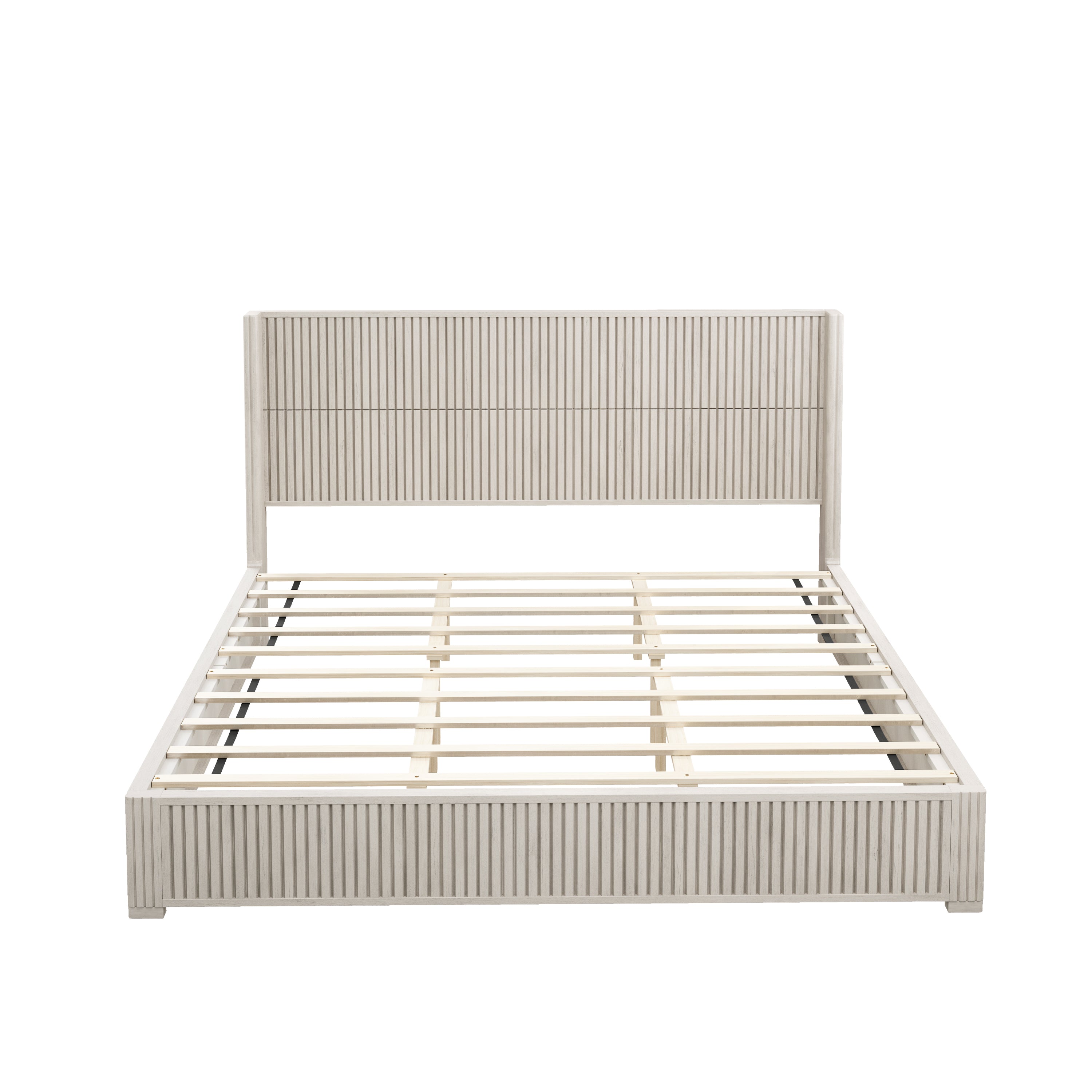 Beige Solid Wood Platform Bed Frame with Headboard, King Size, No Box Spring Needed, Easy Assembly, Floor-standing Design