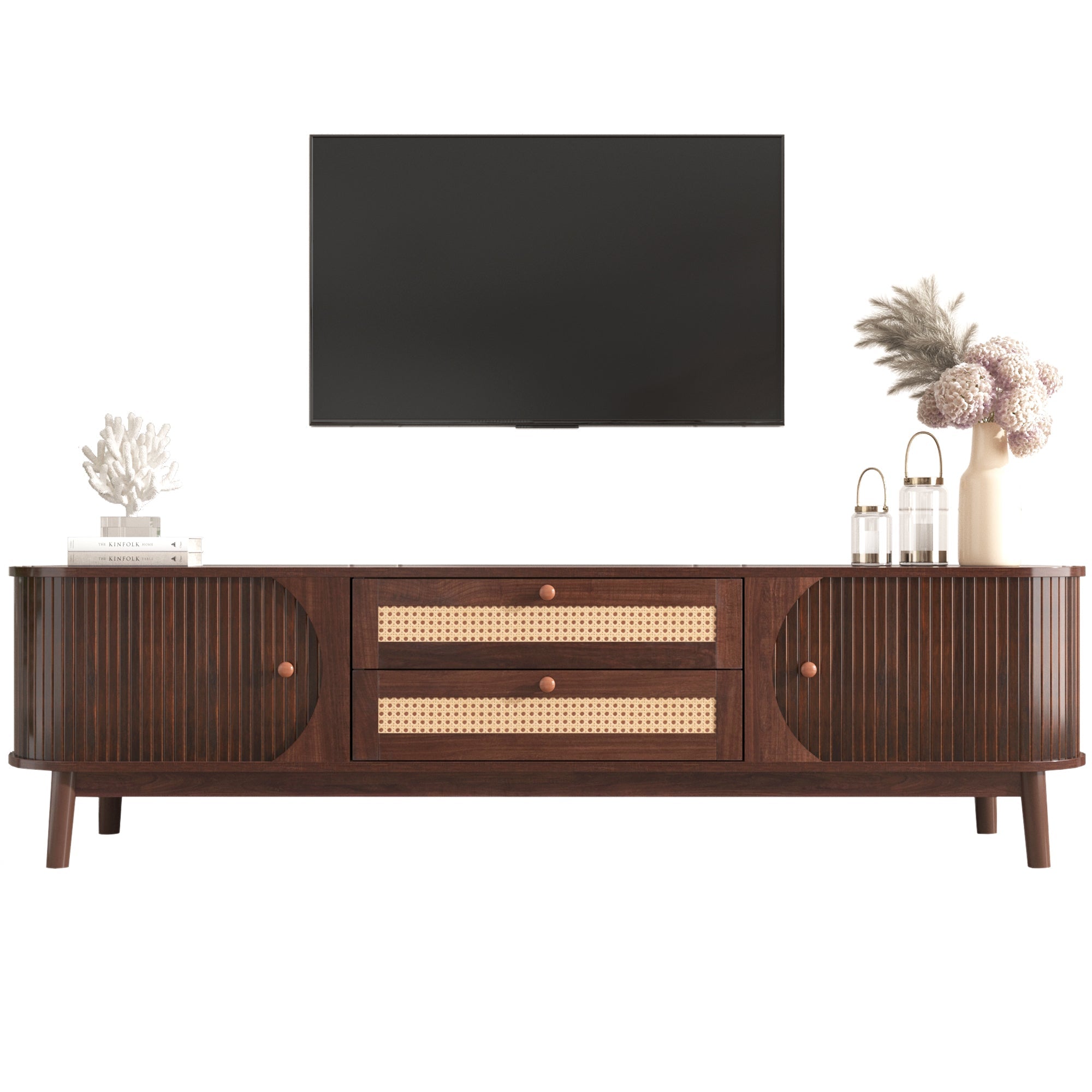 Modern Farmhouse Rattan TV Stand — for TVs Up to 75" (Natural Wood)