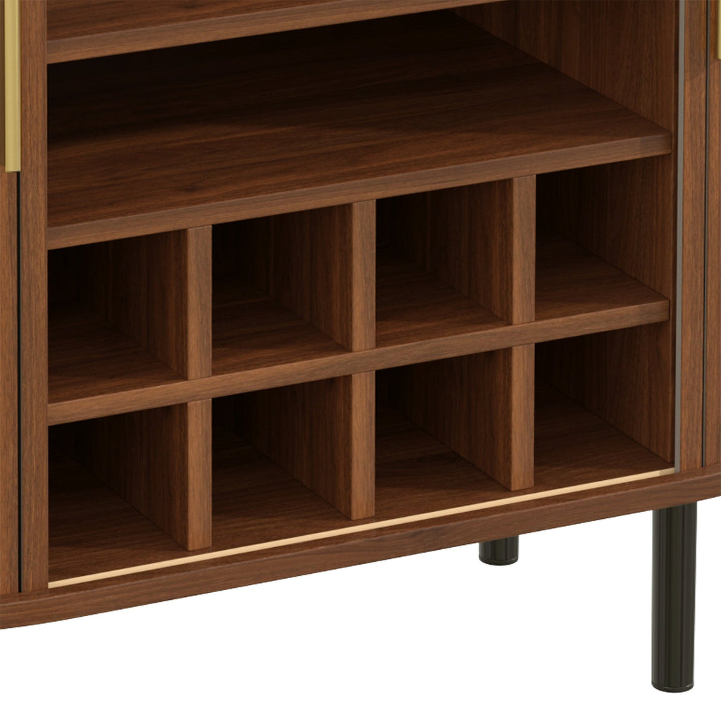 28' Fluted Wine Bar Cabinet with 8-Grid Wine Rack, 5-Level Adjustable Shelves, 2 Glass Holders, Smoothly Sliding Tambour Doors, 4 Hidden Storage Space on the Side, Modern Liquor Coffee Station, Black