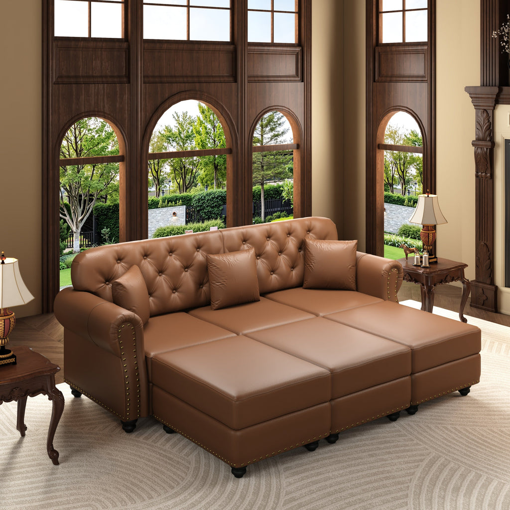 82.6'Upholstered Faux Leather Sofa with Nailhead Trim and Rolled Armrests,Mid-Century Modern Chesterfield Sofa with Button Tufted,Includes 3 Pillows,Black