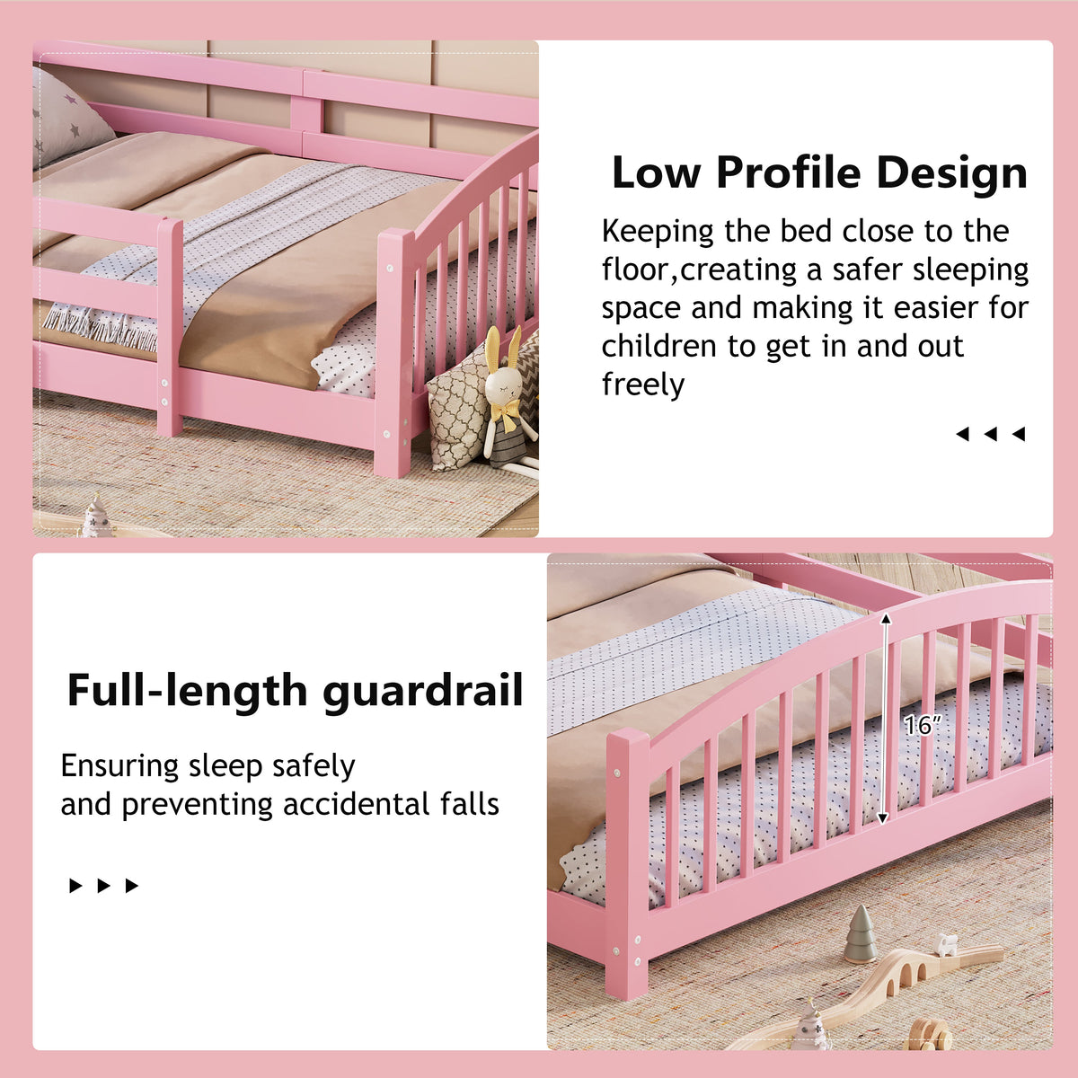 Twin Montessori Floor Bed with Slats and Safety Guardrails, Solid Wood Floor Bed with Fence and Without Door, Easy Assemble Montessori Bed for Girls and Boys, Gray